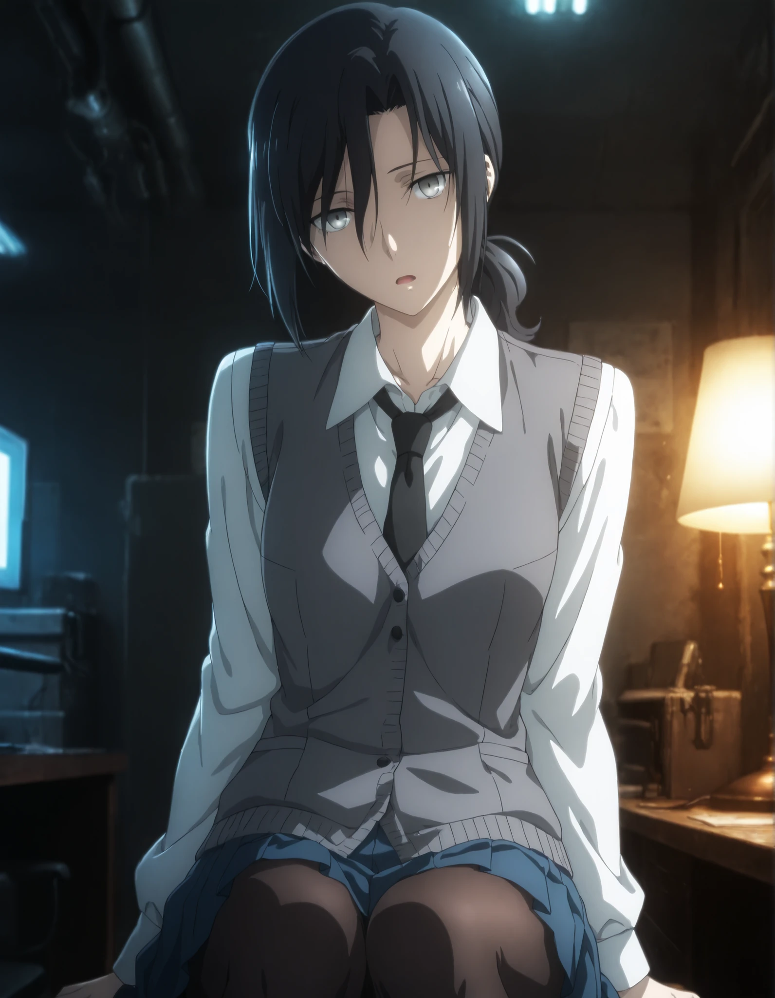 masterpiece,best quality,good quality,newest, detailed face,
ruin ,office, dark , lamp,
light open mouth,
looking at viewer,
solo,
anime coloring,
aozaki_touko\(kara_no_kyoukai\),1girl,(low ponytail), (), black hair, bangs, medium hair, (light gray eyes),
flat chest, (aged up:1.2), slim body,
(white shirt), gray vest, knit vest, black necktie ,mini pleated skirt , black pantyhose ,head tilt,
sitting,