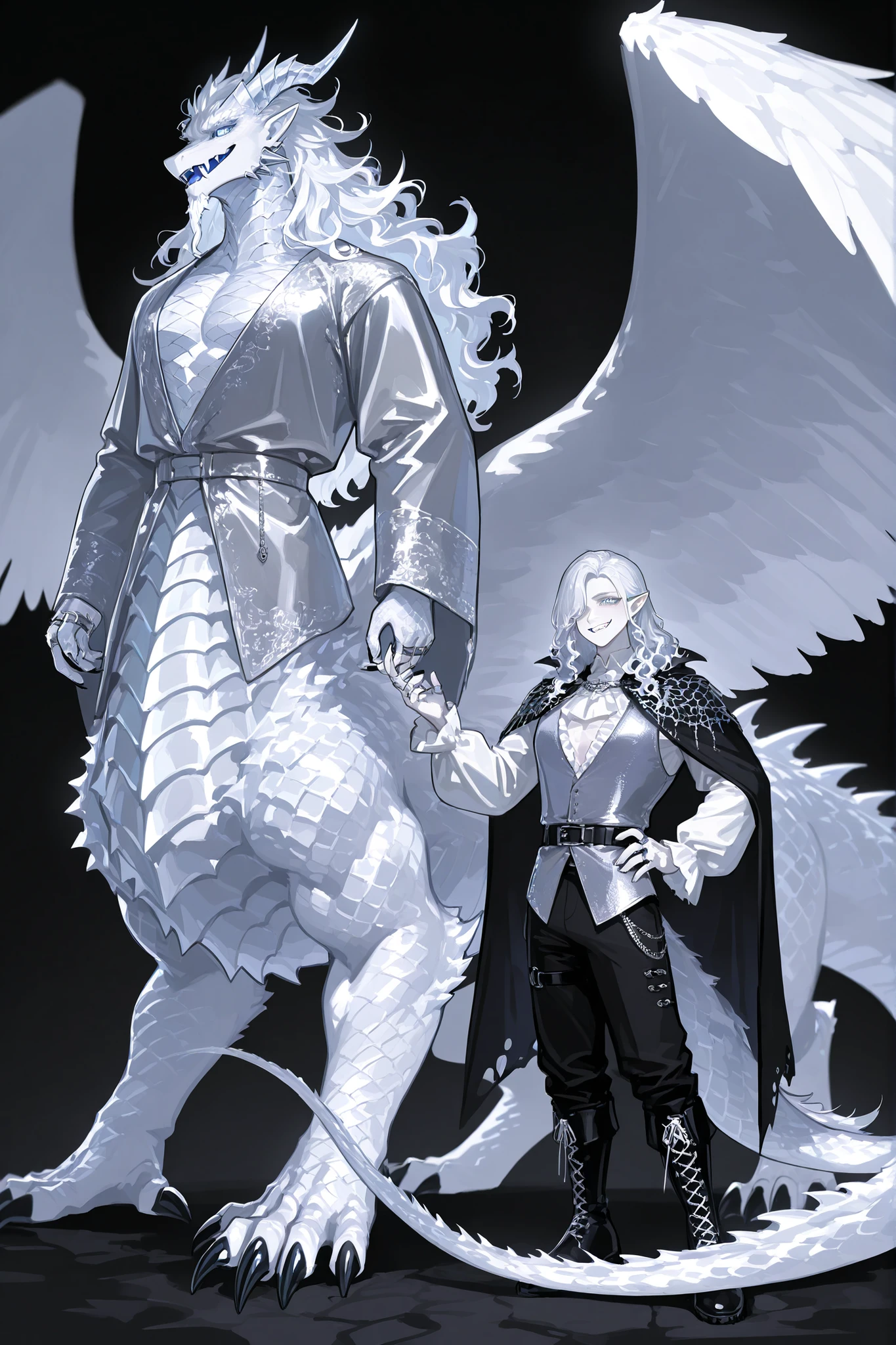 (xxx667_illu,dragon taur, centauroid, monster,) Male character, vampire middle-aged mature dragon. He has snow-white silver metallic skin, muscular, masculine build, and pointed ears. He has silver-white dragon scales, metallic horns , silver-white metallic scaly dragon tail with spikes, and silver-white wings. He has toothy smile (vampire fangs) and snake tongue.  He has white metallic eyes. He has longest snow-white wavy hair. He's not shaved-he has a goatee and a Fu Manchu mustache. He is wearing a loose-fitting black unbuttoned blouse, frill, and poet's sleeves.  Silver vest with dragon scale print. She wears black trousers with lacing on the sides. Hip-high black boots. A black feathered cape. He has black claws and silver rings. (In the background:a moonlit starry night in abandoned Gothic overgrown castle.)