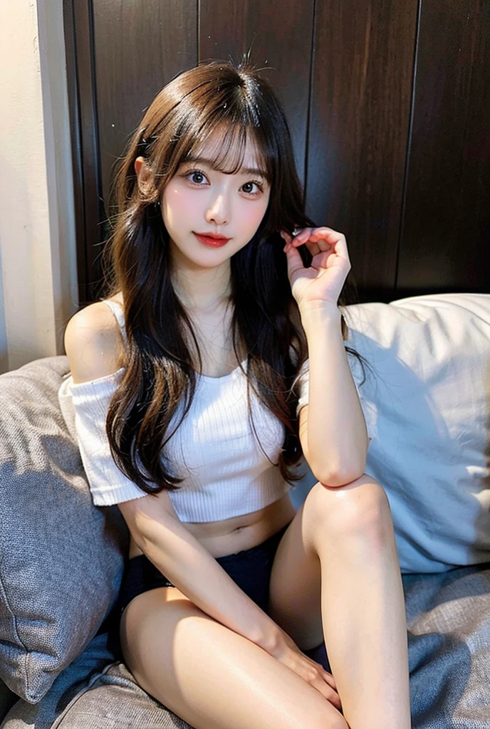 (top-quality、tmasterpiece:1.5)、(photoreali、intricately details:1.2)、超A high resolution、absurderes、 1girl in、22-year-old girl、Yandere、brunette color hair、Semi-long、bow ribbon、Facial light、blush of nose、 Off-the-shoulder T-shirt、A miniskirt 15 cm above the knee、 A smile、Small dimples、 Slim waist、delicate leg、long leges、 slender body,,Sexy pants、Panty chiller show The skin is shiny、Authentic skin texture、 Natural soft light、The best lighting、细致背景、detailed shadow、foco nítido、Depth of field f / 2、 Saturated、hight contrast、Strong light and shadow