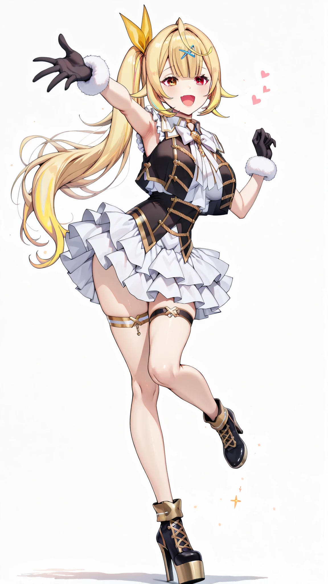 ((gold trimmed black long corset)), nijisaracos,long white shirt,frills shirt,shirt overhang,sleeveless,((gold trimmed black vest)),((gold trimmed crop top vest)),gold trimmed open vest,((aiguillette)),((big white bow knot)), ((long white bow knot)), ((large white bow tie)), ((long white bow tie)),yellow brooch,high-waist skirt,white skirt,frilled skirt,layered skirt,single black thigh strap, ((Strap on left thigh)),fur-trimmed gloves, black gloves ,nijisara,((large breasts)),heterochromia,red eye,yellow eye,blonde hair,long hair,side ponytail,ahoge,hair ribbon,x hair ornament,Hoshikawa_Sara,detailed hands ,anatomically correct hands ,5 fingers on each hand, accurate hands,1 girl,bare legs, zettai ryouiki,sexy girl, happy,jumping,masterpiece, best quality, highres,((full body)), shadow at feet, ((white background)),((ruanyi1375)),((platform heels)),((white nylon roll top)),((roll top style high heel shoes)),((nylon ankle boots style ultra tall platform stiletto high heel)) ((ultra tall platform stiletto high heel)),((platform ultra tall stiletto high heel shoes)), ((ultra tall platform stiletto high heel)), ((ultra tall platform stiletto high heels)),gold stiletto high heel shoes, (gold platform high heel shoes), ((parts of underbutt)),armpits,Naked Lower Body, hip line
