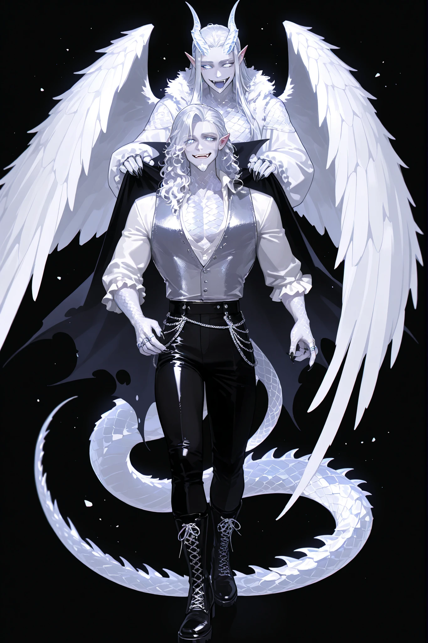 (handfixer,xxx667_illu,) Male character, vampire middle-aged mature dragon. He has snow-white silver metallic skin, muscular, masculine build, and pointed ears. He has silver-white dragon scales, metallic horns , silver-white metallic scaly dragon tail with spikes, and silver-white wings. He has toothy smile (vampire fangs) and snake tongue. He has white metallic eyes. He has longest snow-white wavy hair. He's not shaved-he has a goatee and a Fu Manchu mustache. He is wearing a loose-fitting black unbuttoned blouse, frill, and poet's sleeves. Silver vest with dragon scale print. She wears black trousers with lacing on the sides. Hip-high black boots. A black feathered cape. He has black claws and silver rings. (In the background:a moonlit starry night in abandoned Gothic overgrown castle.)
