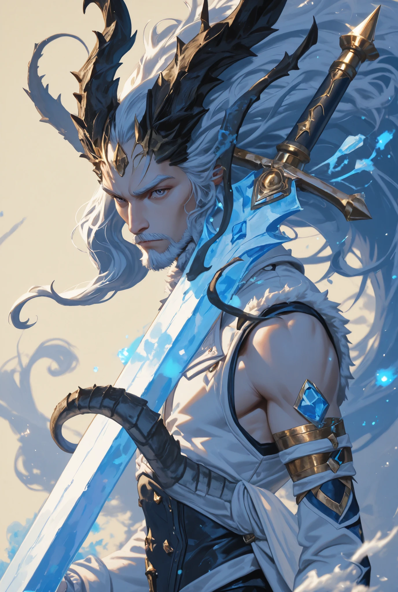 arcan3styl3v1,1male, masterpiece, upper body, A king of ice, royal coat with fur, scruffy beard, slim, pale hair, yellow, digital painting, painting in luminist style, alphonse mucha