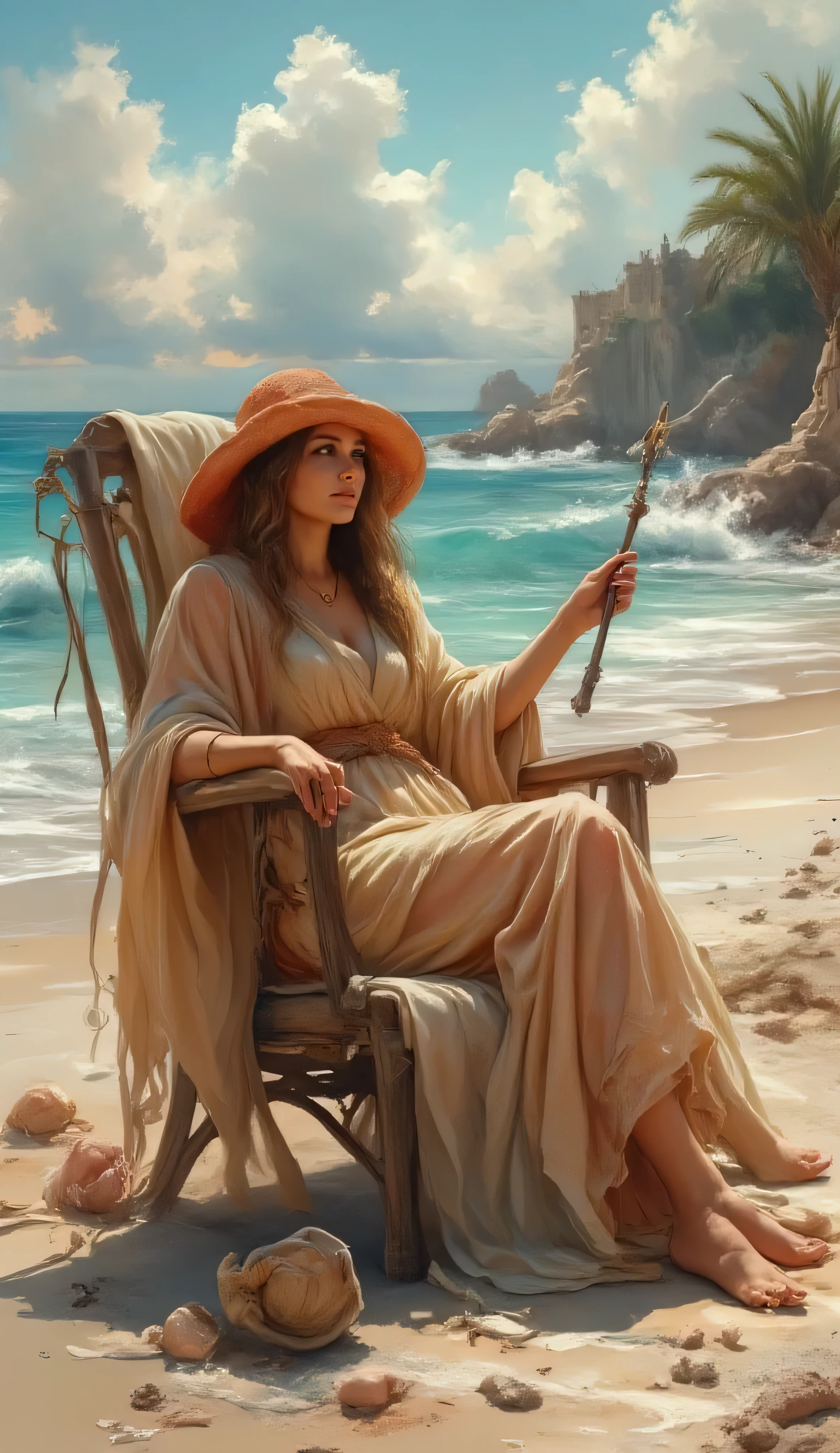 A beautiful woman, dressed as a sorceress with a magic hat, lies on a deckchair on the beach in fine weather, with her magic wand stuck in the sand next to her.