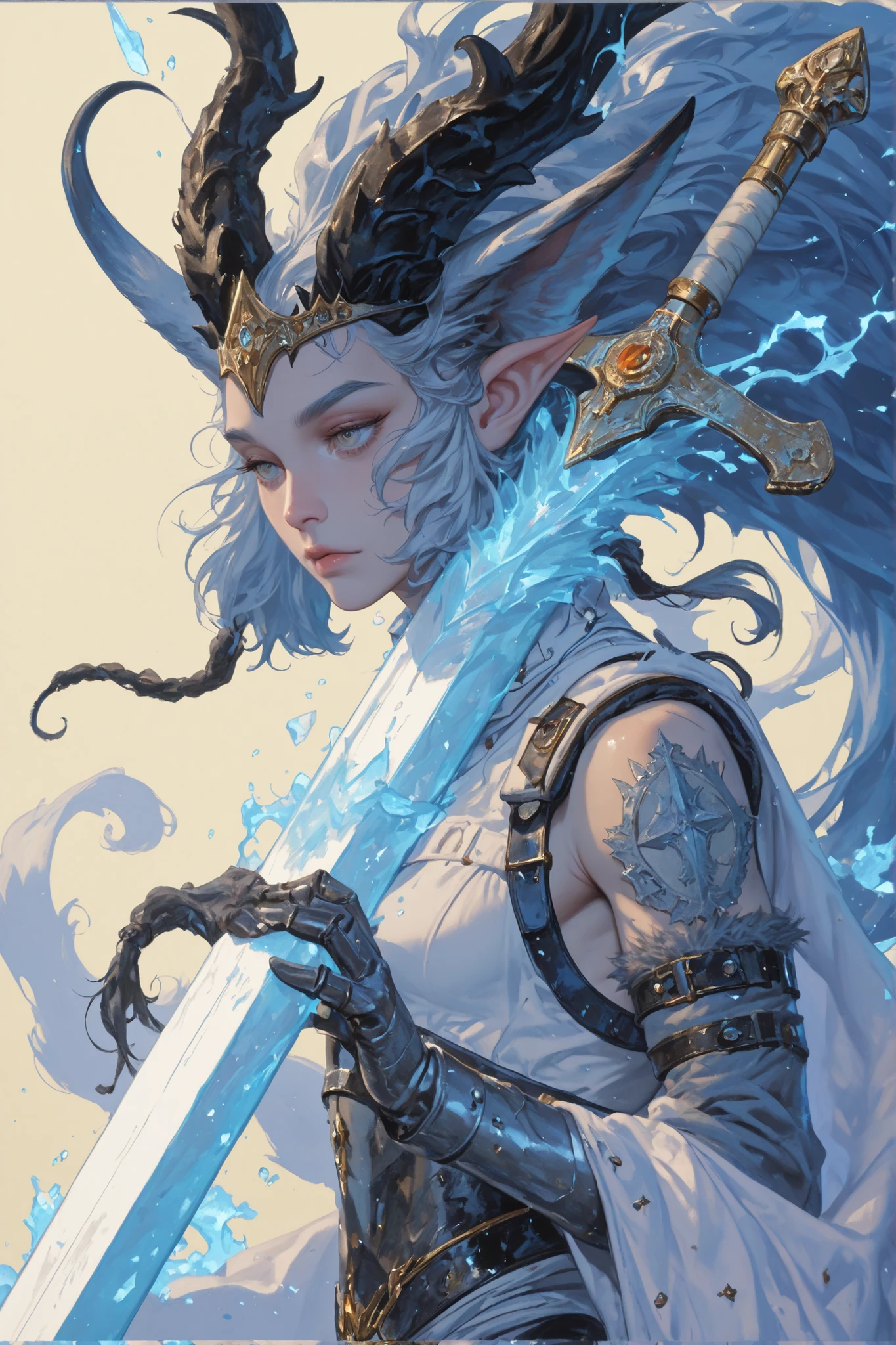 arcan3styl3v1,1male, masterpiece, upper body, A king of ice, royal coat with fur, scruffy beard, slim, pale hair, yellow, digital painting, painting in luminist style, alphonse mucha