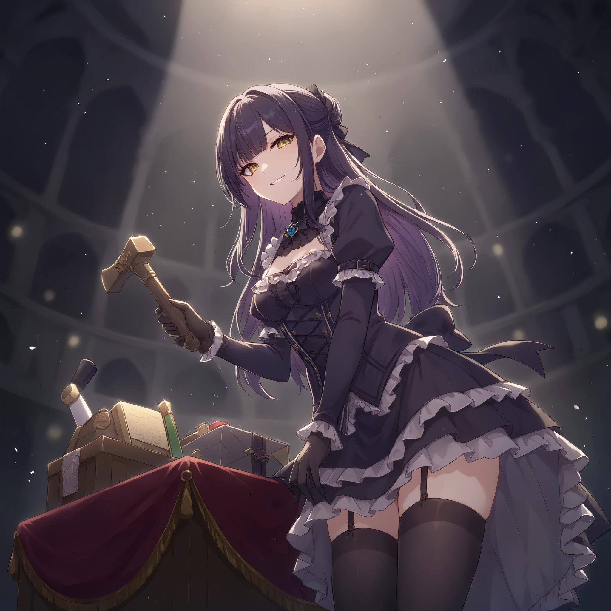 Quality:
High Quality,masterpiece,handfixer, perfecteyes, face03

Key Features:
1 Girl, cute, Large eyes:1.4

Style:
anime-style, colorful, cel-shaded, flat color, clean lines

Effects:
soft light,
Soft Focus, DOF, boke,
Cinematic Shadows

break

Composition:
low angle, bottom view, from below
dynamic angle

Pose Details:
standing, leaning forward
face forward, looking at viewer with smirking expression
raise one hand holding gavel

Lighting:
spotlight, stage lights
backlighting, rim light
dynamic lighting

Mood:
mysterious, seductive, dangerous

Color Palette:
dark tone with vibrant accents
dramatic contrast

Details:
dust particles in light
floating numbers and symbols

break

Person:
Hairstyle: long hair, wavy hair, half updo
Hair color: vibrant purple
break
Gaze: looking at viewer, smirking at viewer
Eye color: red
break
Lip color: red
break
Facial Features: beautiful face, attractive face, detailed face
Body Type: slim, narrow waist, curvy
Height: tall
Chest: medium breasts
Hips: wide hips

break

Costume:
Outfit: gothic lolita, dress, vest, gloves
beautiful detailed dress with many frills

Innerwear: stockings, thigh-highs

Props: holding gavel
auction podium

Situation: auction hall at midnight
mysterious transaction

Background: indoors, hall, stage
darkness surrounding
spotlight on character
audience silhouettes in shadow

break

others:
velvet texture, ornate podium, sealed boxes, ancient scrolls, mystical atmosphere, forbidden knowledge, auction hammer, gothic architecture, dramatic shadows, backlit fog