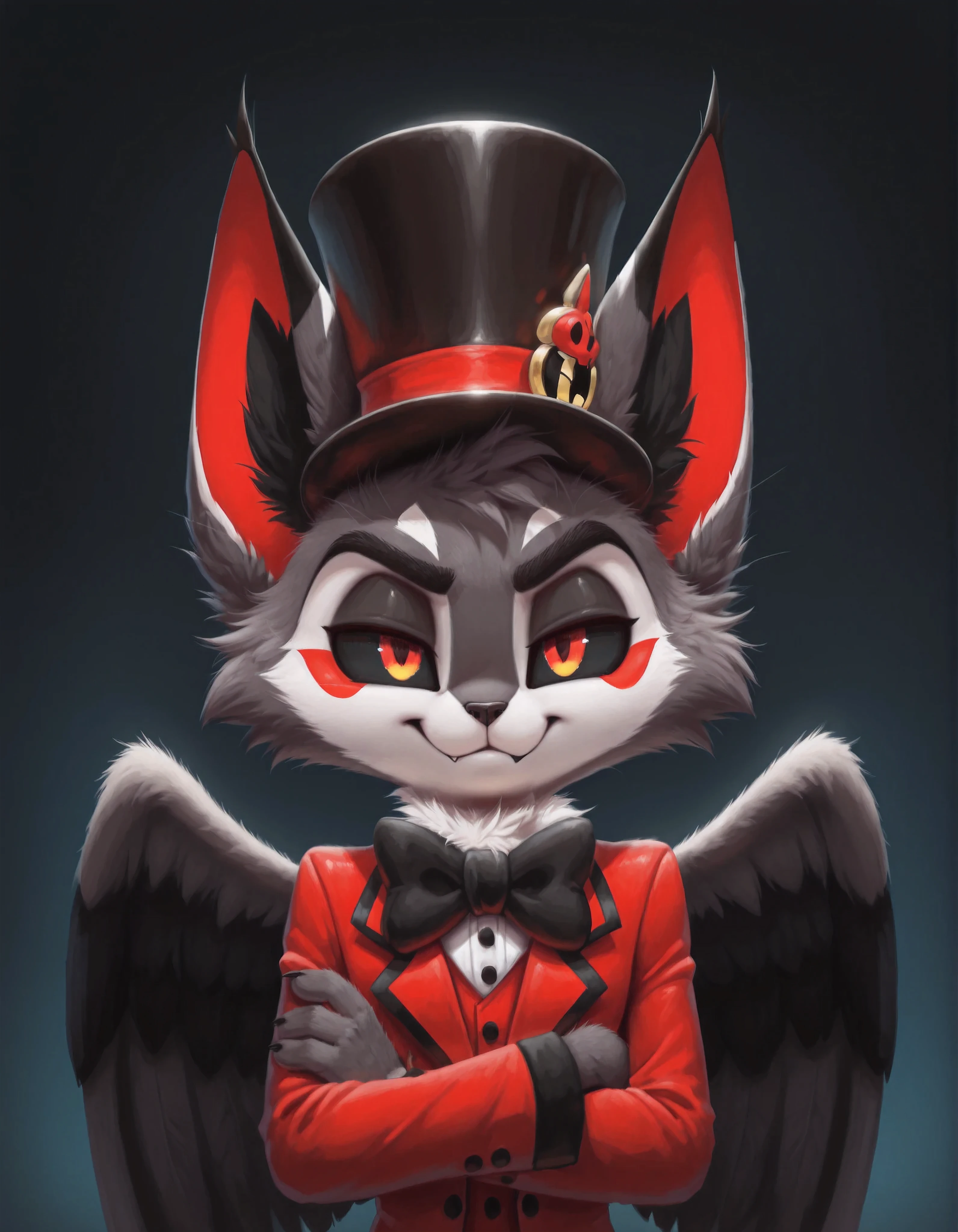 slvrfxstyleil,, silverfox5213, (solo:1.3), husk_(hazbin_hotel), domestic_cat, felid, feline, accessory, anthro, black_sclera, bow_tie, clothing, crossed_arms, daww, eyebrows, fluffy, hat, headgear, headwear, 1male, thick_eyebrows top_hat, wings,