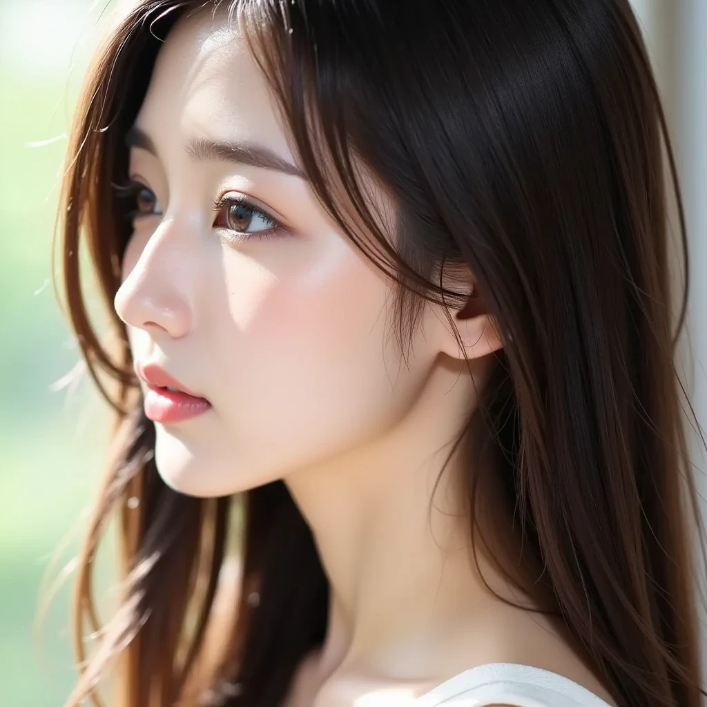 masterpiece, best quality, unity 8k wallpaper, ultra highres, high resolution, professional, ultra realistic, photorealistic, raw photo, insanely detailed, 4K, 8K, 16K, 64K, 1girl, solo, looking at camera, smile, elegant, beautiful, aesthetic, attractive, romanticism, beauty, like a k-pop idol, beautiful detailed face, small face, beautiful detailed eyes, (brown eyes), cat eyes, pale skin, beautiful detailed skin, detailed texture, sheer-black long hair, (hair blowing in the wind), ((detailed long hair)), soft curves, enchanting elegance, luminous radiance, elegant attire, captivating grace, irresistibly tempting, understated appeal, striking juxtapositions, evocative hues, vivid illumination, creative refinement, striking juxtapositions, evocative hues, captivating coloration, dramatic lighting, random highly detailed backgrounds, depth of field,