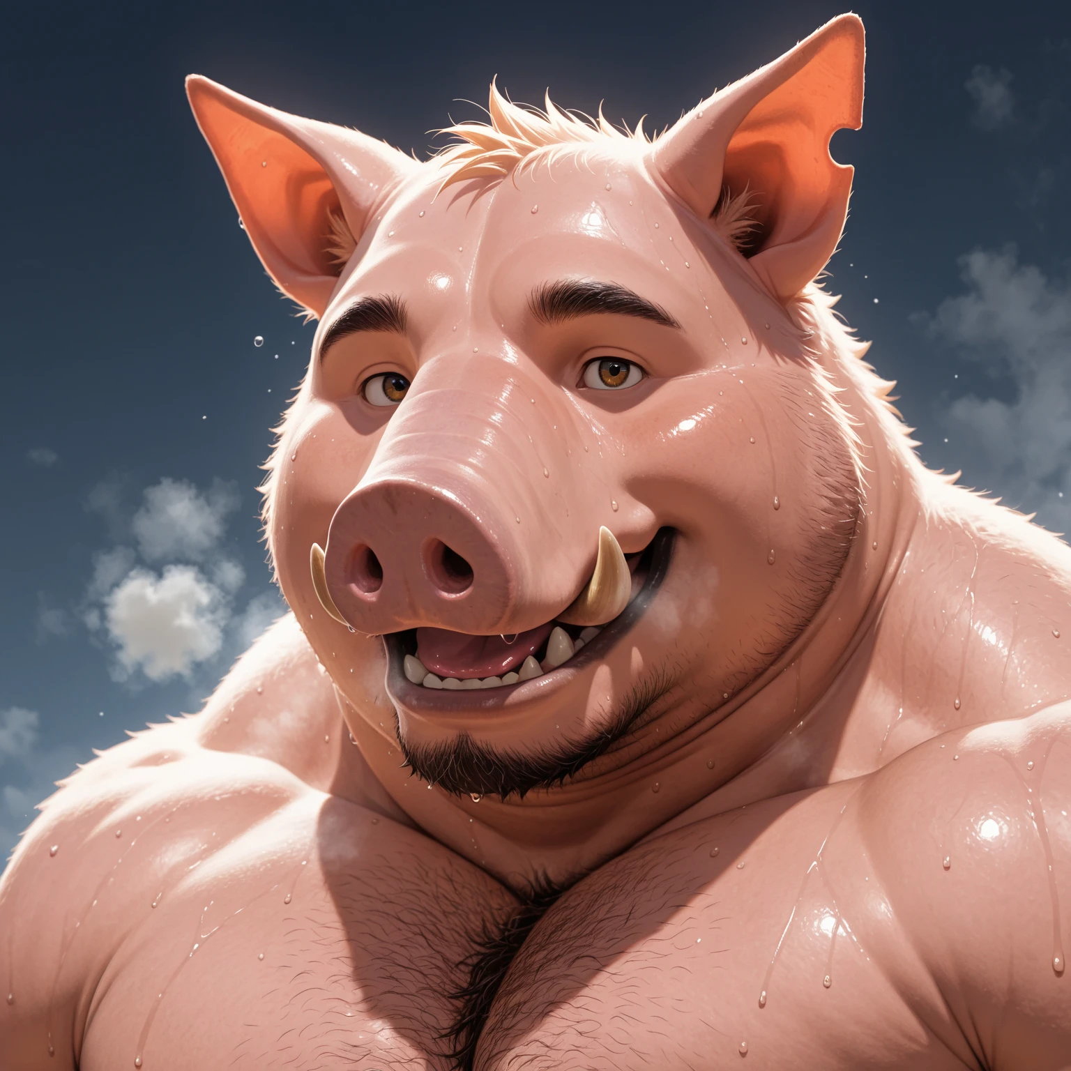 Cow man, exaggeratedly muscular, breasts full of milk, muscular thighs, malicious expression, white fur with black spots, flushed cheeks, blue eyes, farm with muscular human pigs, nicebulge.