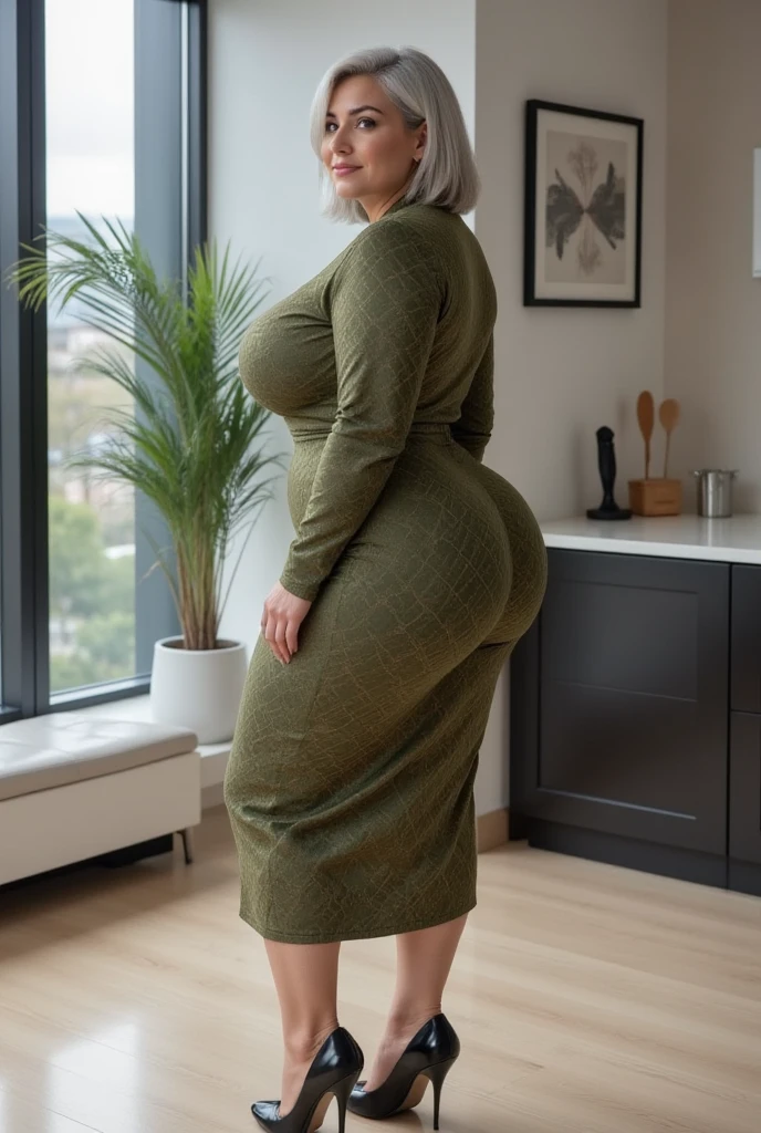 femme musulmane indienne grande, forte, de plus de 50 ans et de grande taille, ressemblant à l'actrice indienne Hansika Motwani, portant une kourta transparente mi-longue imprimée de couleurs vert et noir mélangés, des leggings brillants et réfléchissants argent brillant et un hijab doré,peau blanche

teint de peau blanc, beau visage, lèvres rouges foncées, peau propre, visage de célébrité, Jambes épaisses, cul rond,cul bombé,gros seins,cuillère D cup Breast,Ongles longs et polis,6 pouces talons aiguilles dorés et rouges mélangés,

femmes assises à genoux par terre, les deux mains reposant sur les cuisses,dans une belle cuisine noire peinte,women have huge cul bombé, visage joyeux,regardant le spectateur,photo réaliste,image du corps entier,prise de vue grand angle, photo réaliste, regardant la caméra pour un cliché,vue de trois quarts arrière des femmes,,générer uniquement des images de femme assise en pose de côté et pas d'images debout,générer uniquement des images de femme en vue de côté et pas d'image de femme de face,exposant le cul à travers la fente de la kurti,