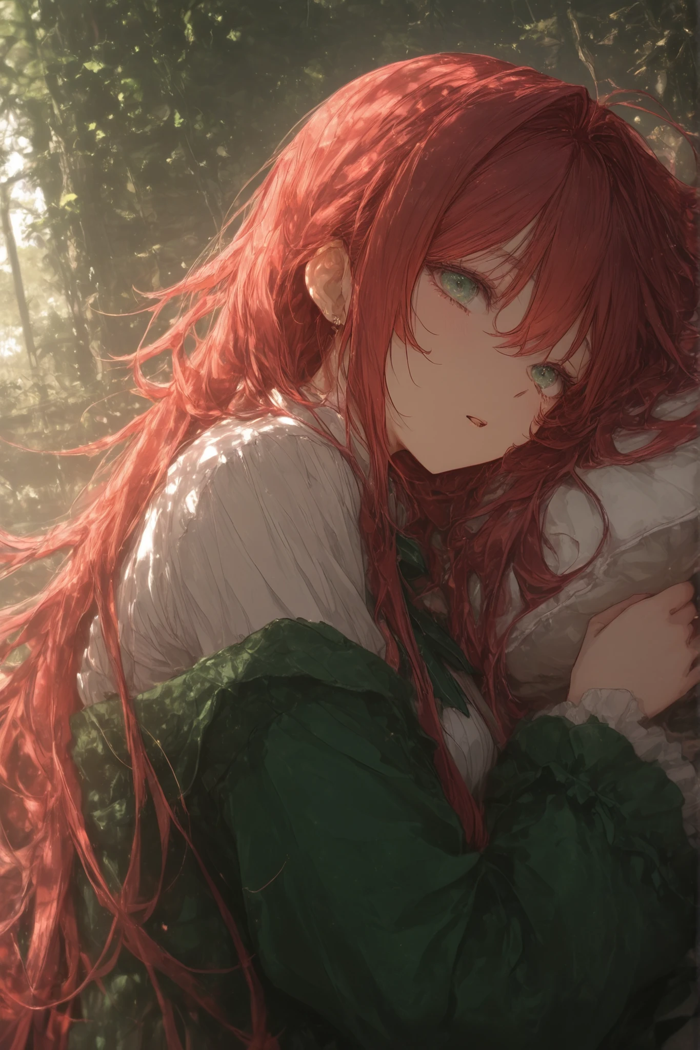 very long lashes、super long hair、30 years old、high resolution、high image quality、up、Highly detailed、Red Hair、Deep green eyes、Sleeping Beauty、The Arrival of Winter、Captivating