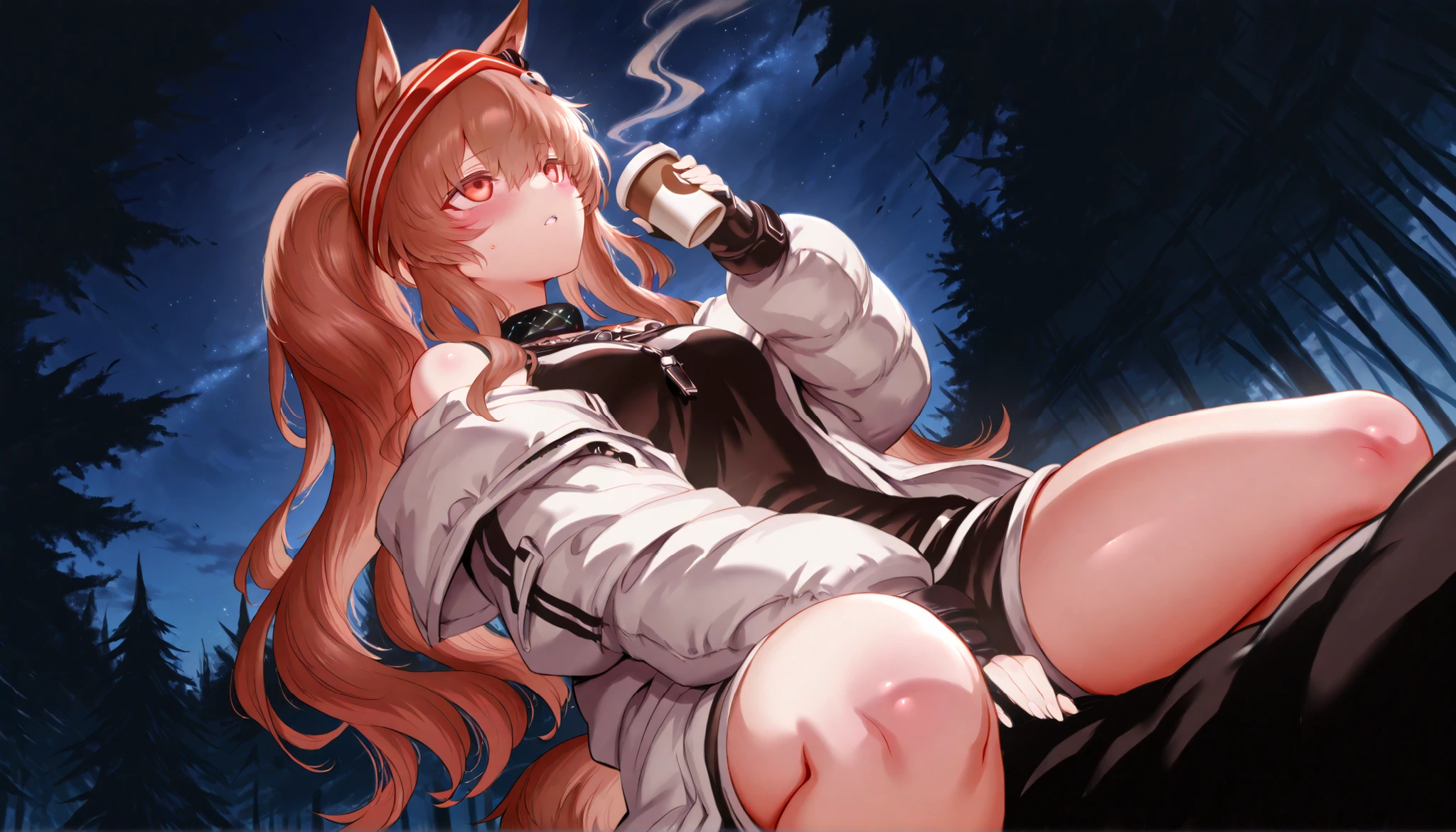((夜の森で1人でCampをしている)))、(((Draw as if looking up from below)))、(((m da s taro)))、(((Ajimu Angelina)))、only one woman、(women who camp alone in the forest at night {x} have long reddish brown hair and a half-up twin-tail hairstyle)、((sits on top of the beast ear))、Light Orange Eyes 、((has coffee))、(Physical characteristics are height 165 cm)、((has a face similar to the Arknights character Angelina))、ornaments are on the neck crystal control devices、(Clothes are black tank top shirt and black shorts)、((wearing a white coat from above))、　(場所はstarの見える森の中)、((In the Dark Forest))、Night Sky、star、Camp、(((Campの炎を前にして座っている)))、((gym sitting))、(red and white headband)、((A relieved expression))、