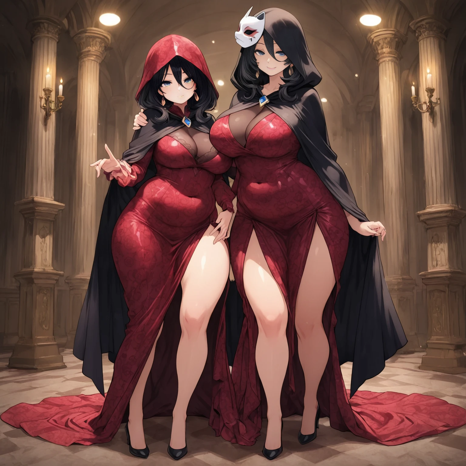 two ???? women, flirtatious smiles, various hairstyles, housewife outfits, fully white background, full body