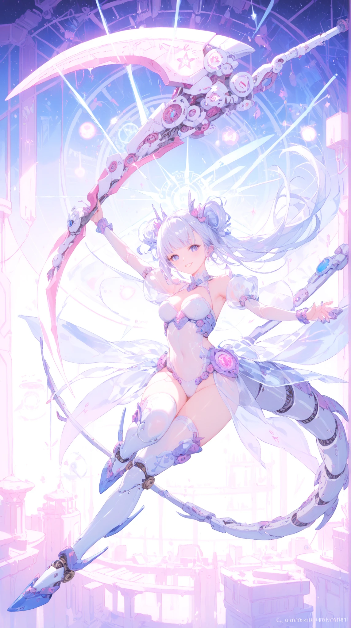 Super High Quality, Best Quality, precise description, Magical Machinist, womanhood, Silver Machine with Refined Right Body, Magical Circuit that Glows Blue, Articulated Arms with Multiple Sharp Claws, Heavy Machine Legs Decorated with Dragons, Translucent Magic Screen, A complex magic circle with the motif of Scythe Blade surrounds the body, Space that combines an ancient library and a futuristic laboratory, Floating Magical Books, Machined Demon, Mysterious Mist, Magical Crystals, blue and purple gradient lighting, Fantastic Sci-fi Fantasy Atmosphere