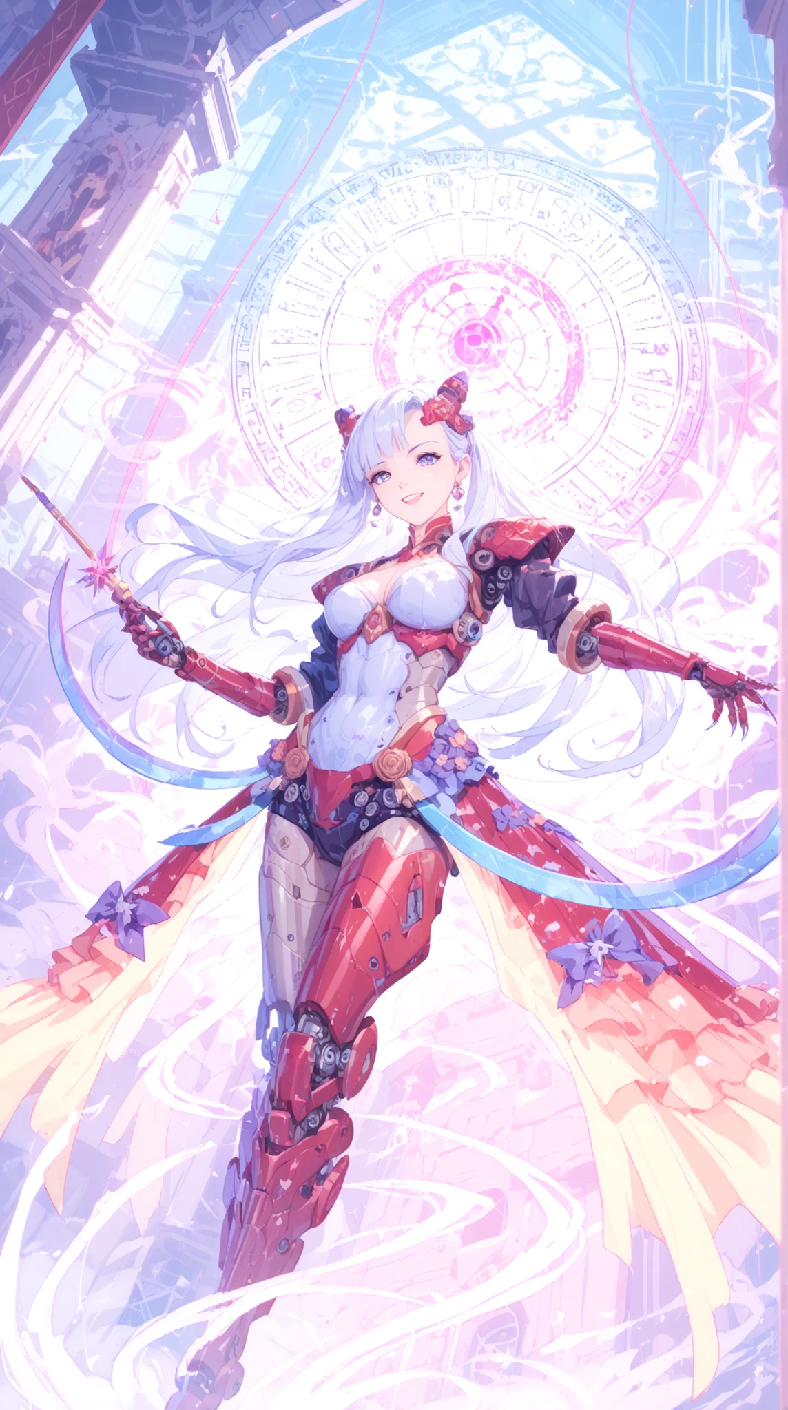 Highest Quality, Masterpiece, Detailed depiction, Cyberpunk Witch, High Performance Mechanized Right Hand, glowing circuit pattern, Sharp Metallic Claws, Machine Legs with Dragon Scale Patterns, Magic wand in left hand, Transformable Weapon, Large Sickle Magic Circle Floating Overhead, Magical Particles Dance, Temple Combining Ancient and Future, Altar Scattered with Spell Books and Machine Parts, Mysterious Blue and Red Lighting, Smoke and Vapor, Surreal Sci-fi Fantasy Worldview