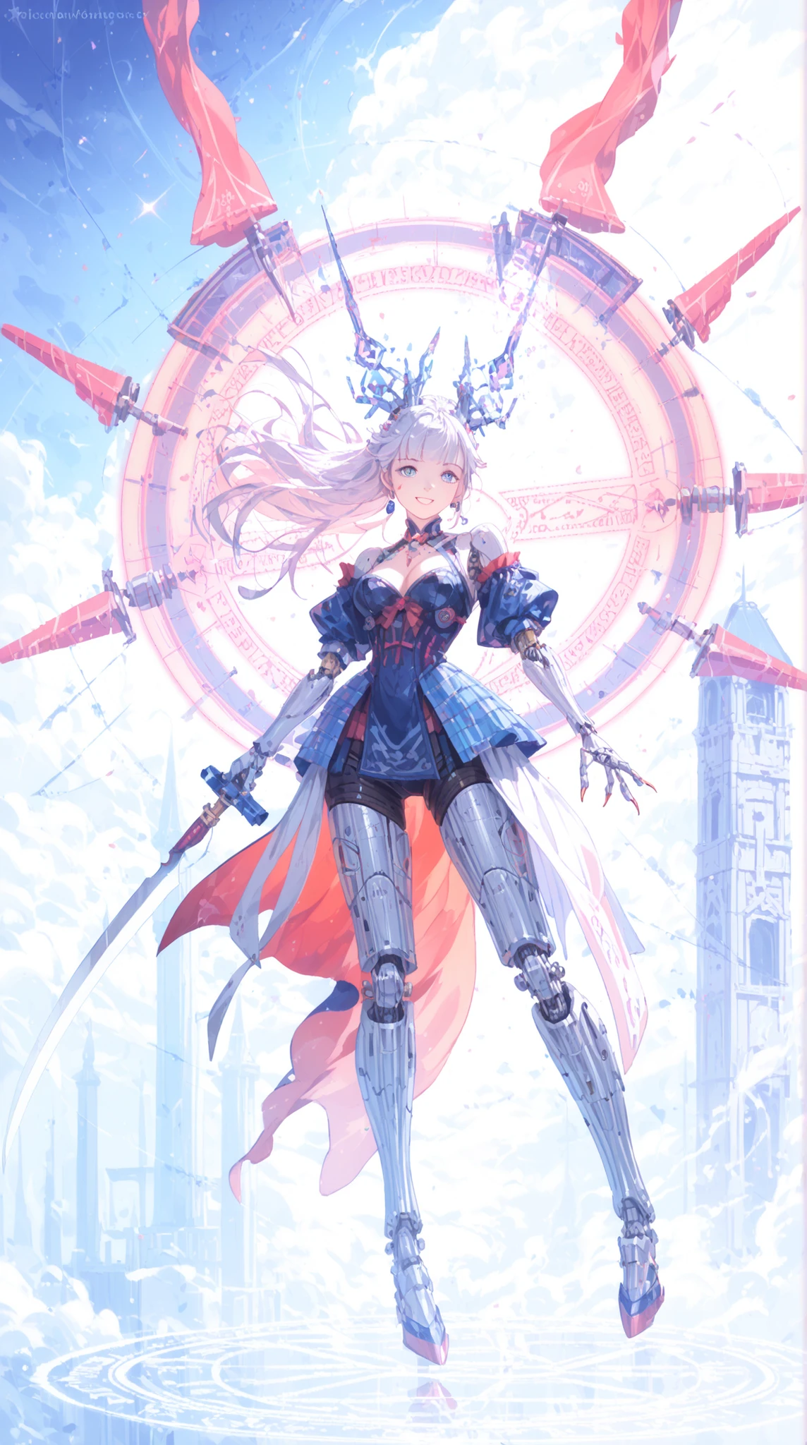 Highest Quality, Masterpiece, Detailed depiction, Cyberpunk Witch, High Performance Mechanized Right Hand, glowing circuit pattern, Sharp Metallic Claws, Machine Legs with Dragon Scale Patterns, Magic wand in left hand, Transformable Weapon, Large Sickle Magic Circle Floating Overhead, Magical Particles Dance, Temple Combining Ancient and Future, Altar Scattered with Spell Books and Machine Parts, Mysterious Blue and Red Lighting, Smoke and Vapor, Surreal Sci-fi Fantasy Worldview