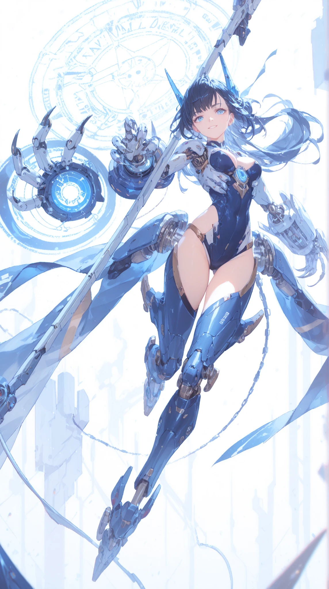 High Quality, masterpiece, super definition, 1 woman, The right half of the body is cybernetic, fluffy metal claws, Mechanical Arm, the left half is human, long black hair, has sharp eyes, Magical Blue Light, magical energy leaking from machine parts, heavy dragon-shaped mechanical leg, magic circle with the motif of a large scythe floating in the background, dark laboratory, futuristic machine, Magical Book, Strong Contrast Lighting, Sci-fi fantasy, textured metal