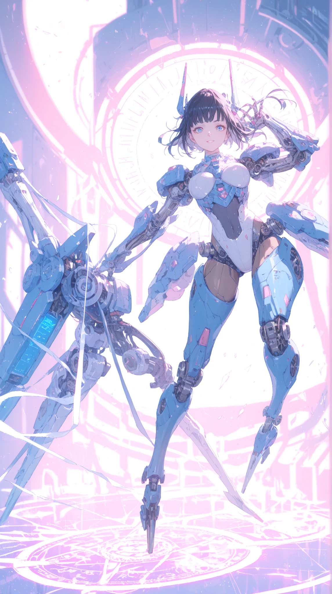 High Quality, masterpiece, super definition, 1 woman, The right half of the body is cybernetic, fluffy metal claws, Mechanical Arm, the left half is human, long black hair, has sharp eyes, Magical Blue Light, magical energy leaking from machine parts, heavy dragon-shaped mechanical leg, magic circle with the motif of a large scythe floating in the background, dark laboratory, futuristic machine, Magical Book, high-contrast lighting, Sci-fi fantasy, textured metal