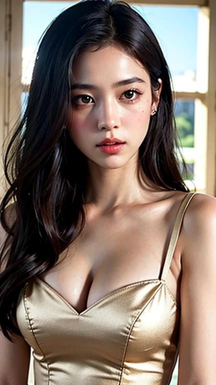 （（Surreal、Super detailed image, maybe a photo.，Captures the details of the skin texture of an incredibly beautiful woman.））Wearing a Lucid Dream dress，long black hair。