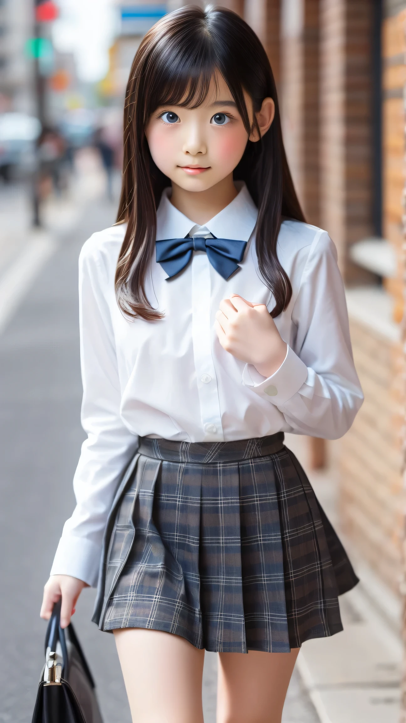 masterpiece,Highest Quality,Super Detailed,8K,cute neat Japanese little girl,Little girl is 10 years old,walking on the way to school in a residential area,white sukesuke long sleeve blouse,cute bow on her chest,high waist plaid micro pleated mini skirt,black enamel formal shoes, socks, レース付きクルーフォーマルハイsocks, Beautiful flowing hair ,perfect face,perfect body,detailed eyes,semi-long hair,hair bow,small boobs,seductive thighs,