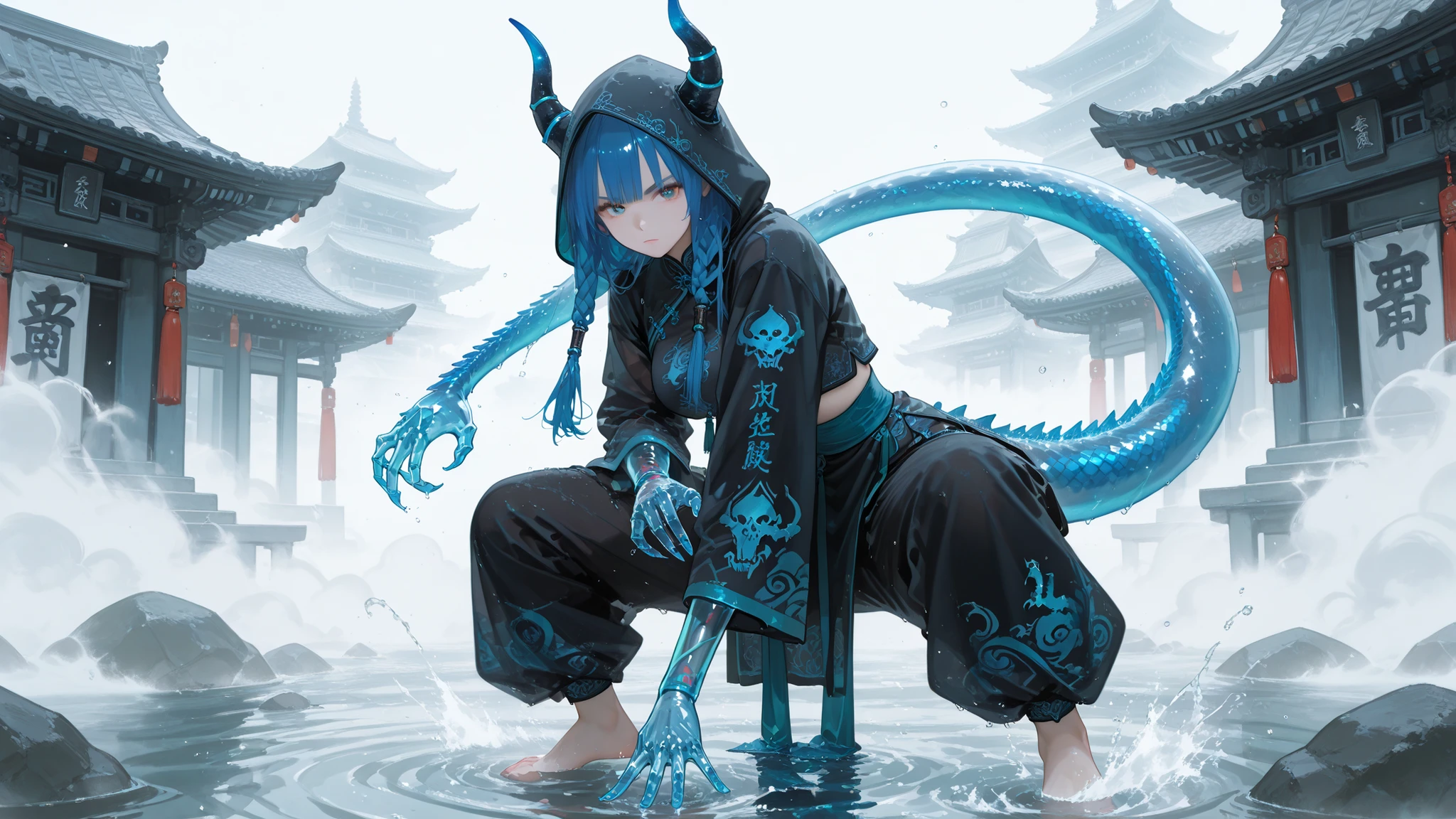 1girl,Base Color Blue,have large twists at the end of the tail with disproportionate horns,transparent arm,I can see my arm bones,china clothes,wear a hood,Water Effect,transparent tail,Dragon's bones,Lots of fog,Temple Front ,Kung Fu Stance,