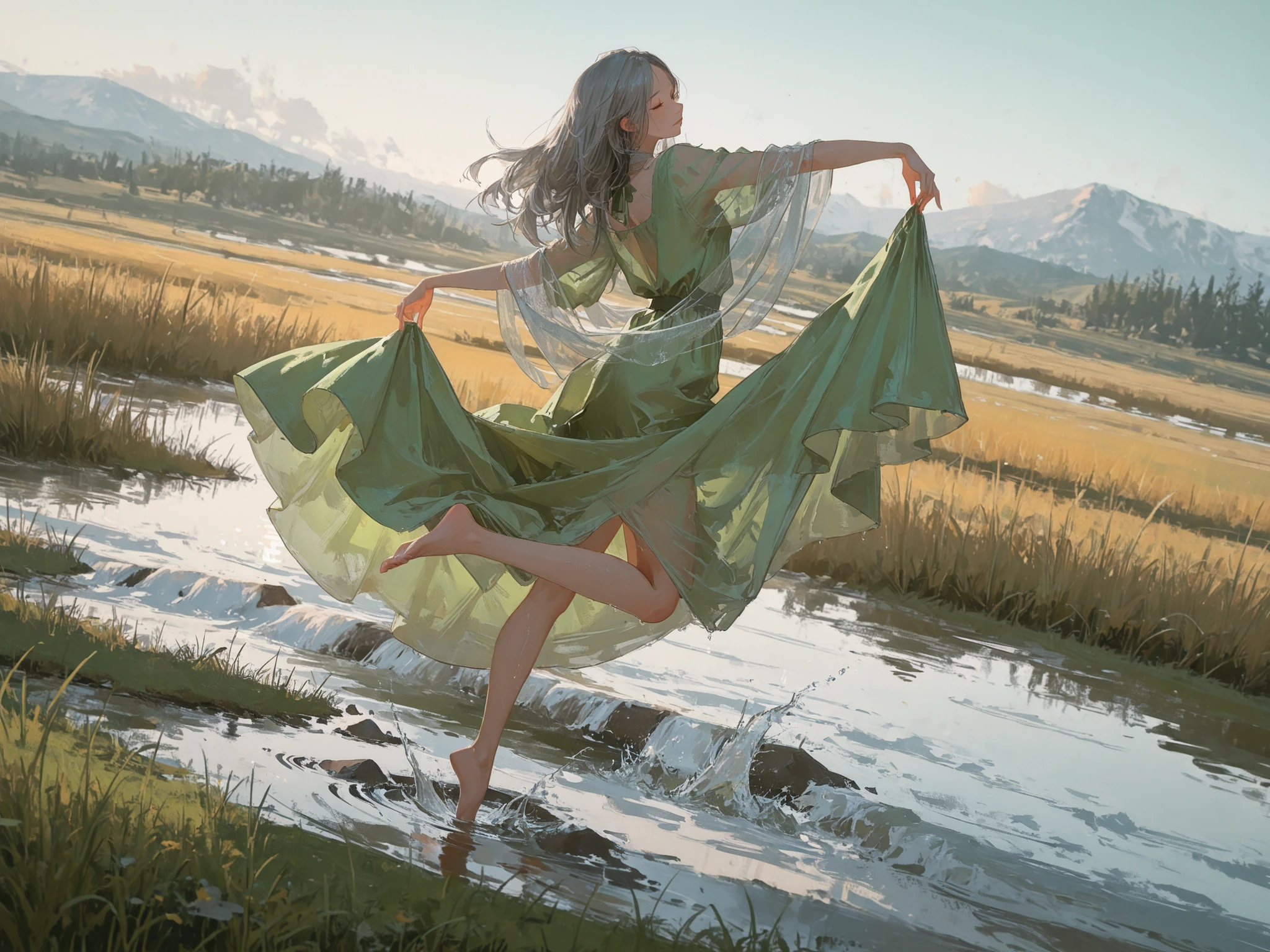 medium shot, dutch angle, makes an aesthetic, Master piece, Best Quality, ultra detailed, a beautiful girl, solo, Long Hair, Long medieval-style graceful dress, cute green dress, see-through silver shawl, no shoes, barefoot, skirt lift, arm spread, dancing silently, grassland, river, dipping feet in the water, one leg up, bright spring morning,