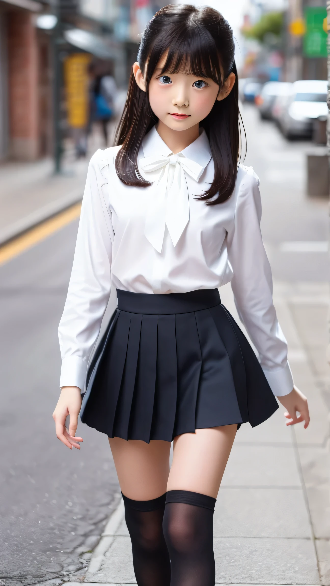 masterpiece,Highest Quality,Super Detailed,8K,cute neat Japanese little girl,Little girl is 10 years old,walking on the way to school in a residential area,White Ultra Thin Fabric Long Sleeve Blouse,cute bow on her chest,High Waist Plaid Tiny Pleated Mini Skirt,Black Enamel Formal Shoes, socks, レース付きクルーフォーマルハイsocks, Beautiful flowing hair ,perfect face,perfect body,detailed eyes,semi-long hair,hair bow,small boobs,seductive thighs,