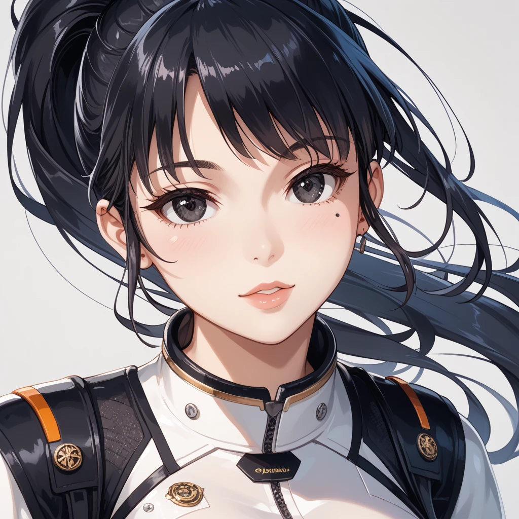 Adult woman, Long black hair, high ponytail, fox ears, Foxtail, Heterochromia, The left eye is yellow, Red right eye, Combat uniform, ssmile, Masterpiece, hiquality