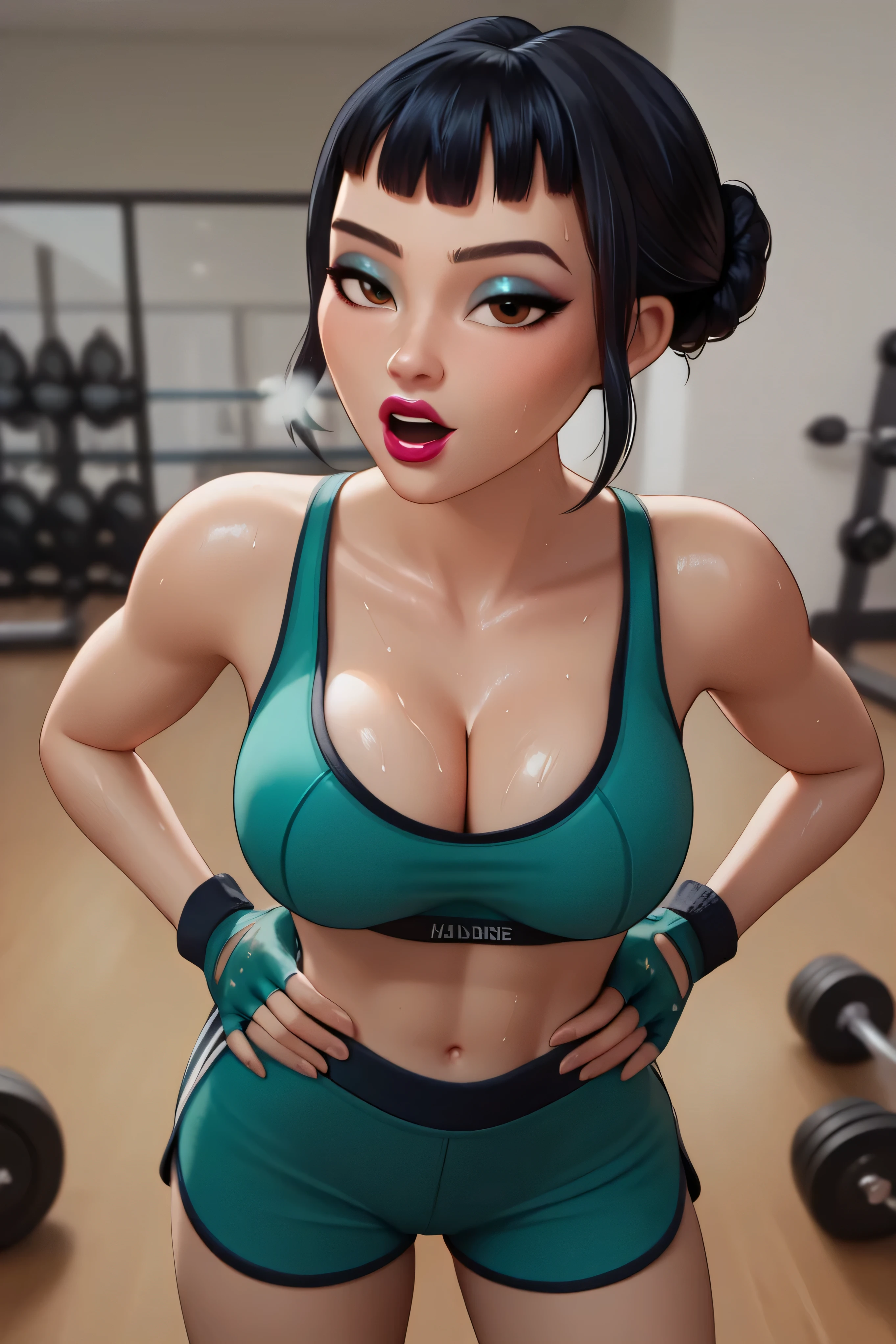 BREAK, score_6_up, score_7_up, score_8_up, score_9, 1girl, solo, kpdh_z0ey, black hair, short hair, hair bun, brown eyes, blunt bangs, lipstick, makeup, official KPop Demon Hunters aesthetic, , busty, cleavage, curvy, athletic, looking at viewer, seducing viewer, teasing viewer,  expression, open mouth, bedroom eyes, teal sports bra, black gym shorts, teal fingerless gloves, indoors, gym, closeup, portrait, upper body, high-angle view, blue eyeshadow, sweaty, sweat drops,  out of breath, hands on waist 