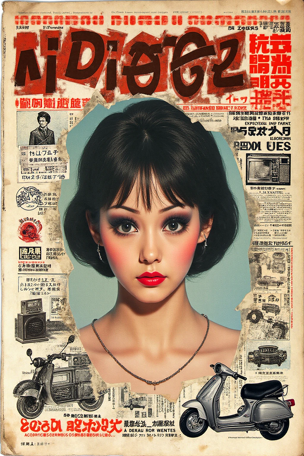 (Alluring and flirty cute pose,) A surreal retro collage artwork composed of vintage magazine cutouts, chaotic and rebellious composition, torn paper textures, bold pop colors, absurd juxtapositions, nostalgic aesthetic. Hidden within the vibrant scene is a black and white emo korean goth woman — subtly integrated, fragmented and partially obscured, standing still amidst the chaos. At first glance, unnoticeable, but revealed upon closer inspection. Evokes mystery and contrast, blending nostalgia with quiet defiance.