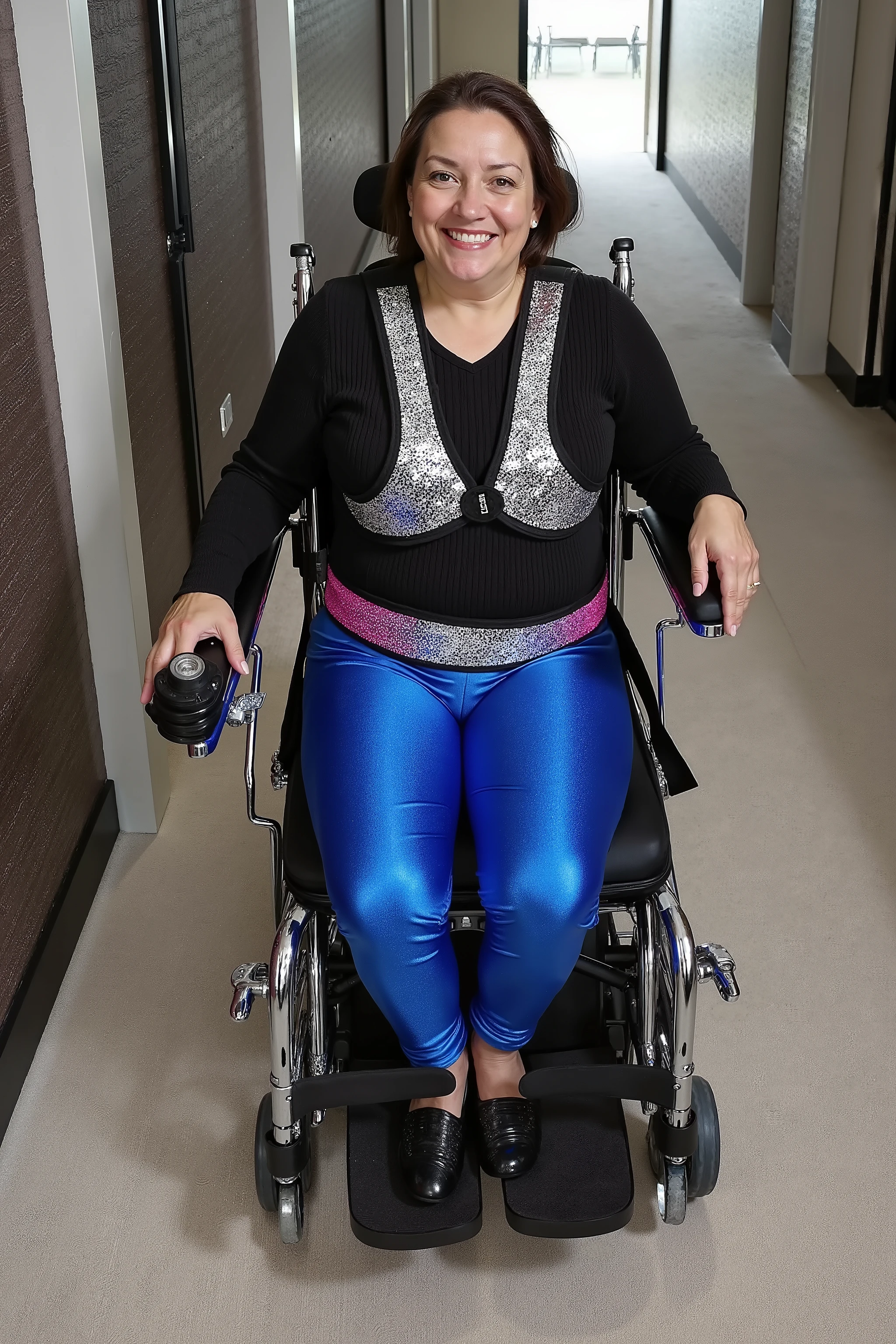 A woman is in the hall of a hotel, the hotel is formal and modern with futuristic Jade stone design, the woman is 36 years old and has a moderate belly, she is 240 pounds, the woman wears a black shiny silk sweater and blue shiny metallic vinyl rubber leggings, she wears a padded wheelchair hip belt that is shiny silver sequin neoprene, she wears a shiny pink sequin neoprene wheelchair harness that restrains her chest and is thickly padded, she is sitting in a powered wheelchair