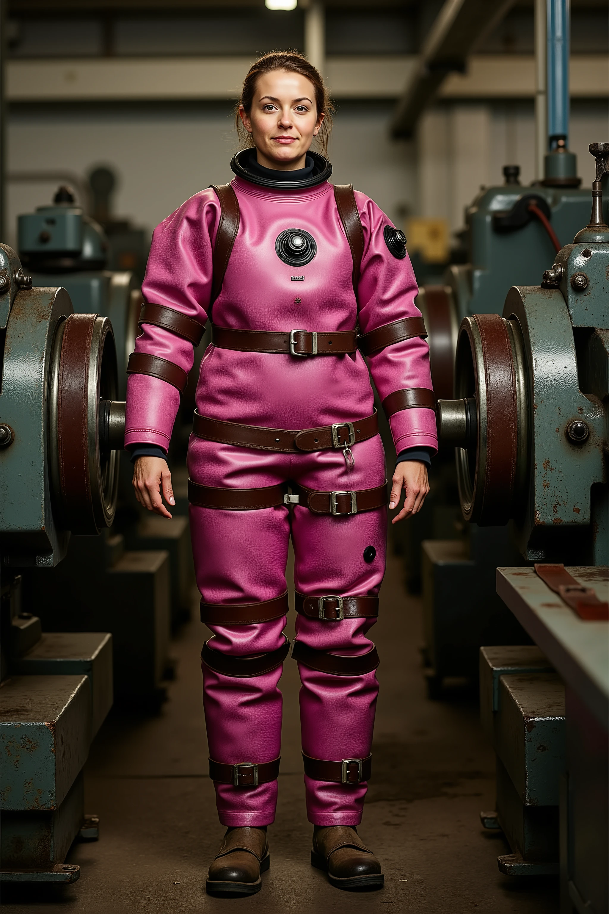 A woman wearing a drysuit that is pink is in a factory that makes leather belts, she is standing between two machines that make leather belts, she is wrapped in leather belts mummified in them, her face is red, tightly squeezed, funny peril, workplace accident