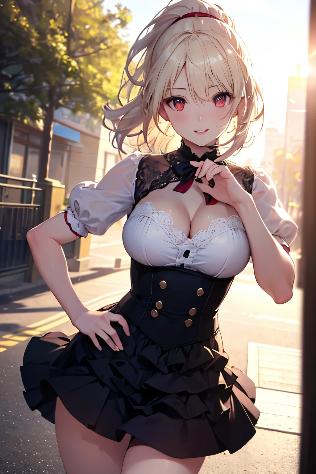 (tmasterpiece, Best quality at best:1.4), Colorful, Vibrant image, Focus sharp, The is very detailed, iintricate, Ultra-detailed drawing, number art, HighDynamicRange, 8K, Kitami Reika stood with her hands behind her head，???? armpits, armpit focus, Medical room, Sophisticated background of summer afternoon, blue sky near window, (a sly glance:1.1), looking at viewert, (cow boy shot:1.05), Blonde hair, short detailed hair, lipsticks, cosmetics, black eyeshadows, smoky eyes, detailed hair, Ultra-detailed face, eBlue eyes, perfect  eyes, s the perfect face, jewely, Cross earrings, Be red in the face, Black corset mini dress, a skirt, exposed ???? shoulders, Black stockings, ????????????? lab coat, a matural female, 18yr old, Beautiful curves, (?????????????:1.2), Chopping,