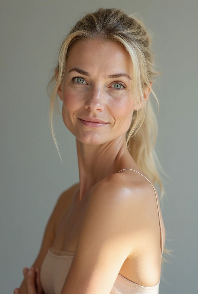 50yo european woman, mature, beautiful female arafed model, eye wrinkle , attractive beautiful face, blond hair with blond highlights, big saggy boobs, fotorealistisch, Sommersprossen Gesicht, Cinematically beautiful natural skin, fit body, beautiful model girl, guckt direkt in die Kamera, RAW Fotografie sehr realistisch, , (full lenth shot:1.3), shot taken from hip height, smile