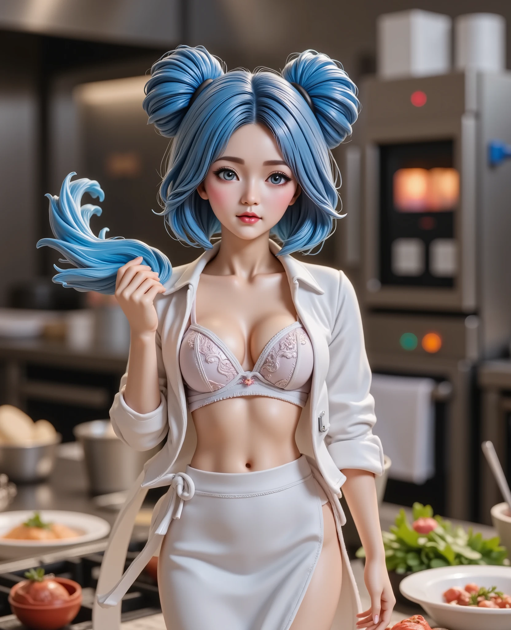Adorable anime style PVC figurine of a beautiful woman as a chef in a professional kitchen, blue hair, big blue eyes, tall figure with perfect posture, immaculate white chef uniform, white jacket unbuttoned, white lace bra visible, confident expression, surrounded by various high-quality cooking tools and ingredients, intricate dishes are prepared with great care and precision, a large industrial oven in the background, the kitchen is bustling with activity, high-quality, 4K, 8K, high definition, masterpiece, ultra-detailed, lifelike, photorealistic, photorealistic, HDR, UHD, studio lighting, ultra-fine painting, sharp focus, physically based rendering, extreme detail, professional, vivid colors, bokeh, ultra-detailed, photorealistic, 8K, professional digital art, fantasy art, PVC figurine, adorable anime style, action figure placed on a smooth table surface, ambient lighting