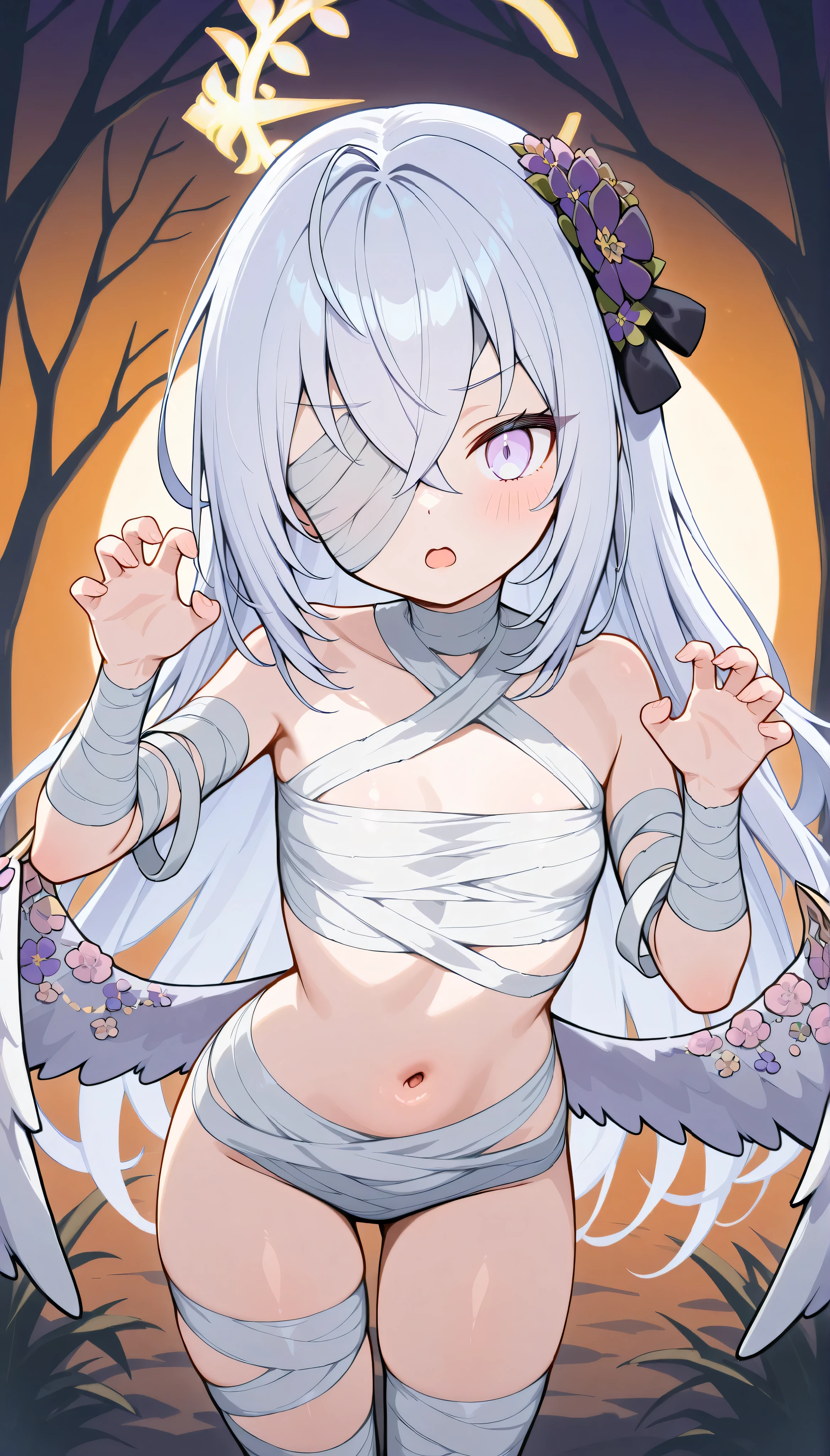 azusa (blue archive),purple eyes,white hair,long hair,wings,hair flower,halo, solo, I can see my eyebrows from the inside of my hair, hair between eyes, is embarrassing, masterpiece, Best Quality, very aesthetic, naked bandage, mummy costume, mummy, bandages, bandage over one eye, bandaged head, bandaged leg, bandaged chest, bandaged arm, navel, claw pose, open mouth, Halloween festival, outdoor,