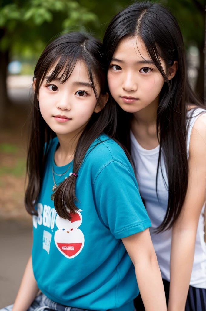 two girls standing in the park,Plain white school gym shirt with navy blue trim,Navy blue speed briefs,Red headband,White headband,18-year-old,bangs,The mouth is half open,Thighs,knees,Straight hair with barrette,From below,Front light, White  visible through the skirt、((Lift the hem of the skirt with both hands to reveal the ))、The simple cuteness of a celebrity-like face