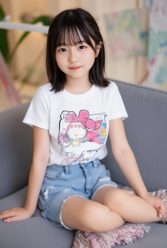 (8k),(masterpiece),(Japanese),(8-year-old girl),((innocent look)),((Childish)),From the front and above,smile,cute,Innocent,Kind eyes,Plain T-shirt,Short sleeve,Short skirt with blue check,semi-long,Hair blowing in the wind,Black Hair,Somewhat strong wind,noon,bright