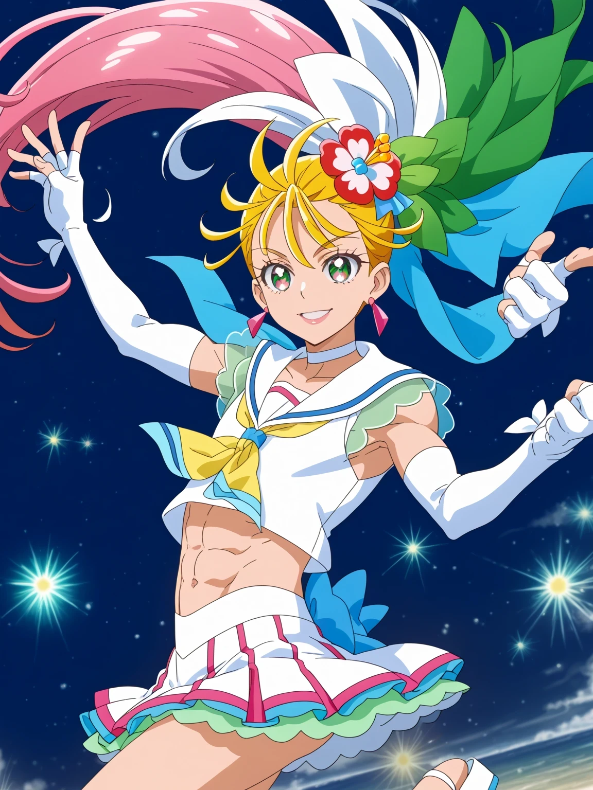 score 9 , score 8 up, score 7 up, source anime, masterpiece, Best quality, Best resolution, best image quality, anime coloring, anime screenshot, anime screencap, 1boy, cure summer is a boy, long haired anime boy, 美しい天の魔道士, flower, jewelry, hair ornament, sea warrior, sunshine aura, heavenly aura, sea aura, solo, long blonde haired boy, high side ponytail hair, multicolored hair, two tone hair, streaked hair, gradient hair, pink hair, eyelashes, thick eyebrows, hair flip, zodiac boy knight, flower hair ornament, sparking magical boy, royal elegant pose, anime boy is wearing a white crop top dress, anime boy is wearing a Belly button outfit, anime prince, white arm warmers, white gloves, white sandals, white detached sleeves, elbow gloves, white choker, fingerless gloves, sailor collar with an pink, neckerchief with an pink, lips, triangle earrings, white mini skirt, 彼の周りの魔法のオーラ, green frills underneath white mini skirt, Portrait of a Zodiac boy Knight, boyish taste, cure summer outfit, 魔法の光沢のある肌, tom boy style, a cheerful smile, slender body, day time!!,  male focus, looking at viewer, solo focus, cowboy shot, bare shoulders, bare arms, bare legs,midriff, navel, abs, covered pectoralis major, stomach, biceps, biceps long head, biceps short head, triceps, deltoids, thigh muscles, hamstrings, adductor magnus muscles, separate outfit, battle outfit, (manly:1.5), crossdressing, (male body:1.5), femboy, (manly face:1.5), bulge medium underneath outfit, female white briefs under the green frills, female white briefs, skirt lift, Ican see female white briefs, showing female white briefs,