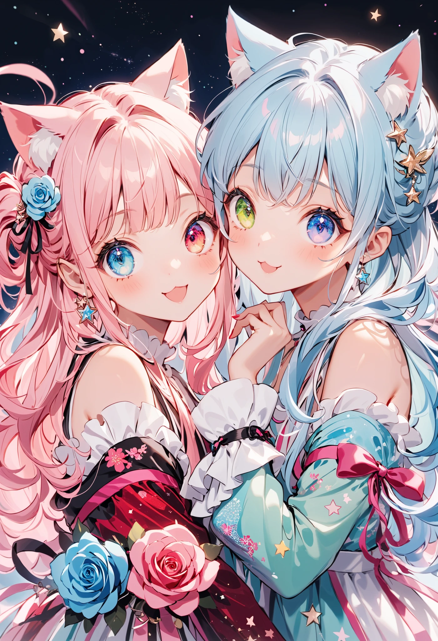 cute girl, (big eyes), Best Details, cute face, playful look, Beautiful appearance, ((((heterochromia - red and blue eye colors))))、((odd-eye)),((( left eye is red, Right eye is blue))),Through Bangs, ((光沢のあるlight pink hair)) ,((long Hairstyle)), ((light blue hair)),((Cat ears,水色のCat ears)),((Loose Wave long Hair)),beautiful attention to detail,((pastel pink and pastel green color palette)), ((黒いチョーカー)), ((肩に薔薇のタトゥー)), ((Rose dress costume)), (( shoulder out, long wide cuffs)), ((fashion pattern that feels like space)), (( Star Fairy)), ((wear a colorful and cute gothic kimono costume)), ((hands not showing)), ribbon, frill, smile, and small opening of the mouth, cutest girl in the world, star background, Best Details ,赤い薔薇とribbonの髪飾り, VTuber character design, neon, Shine, sparkle, Rose flower