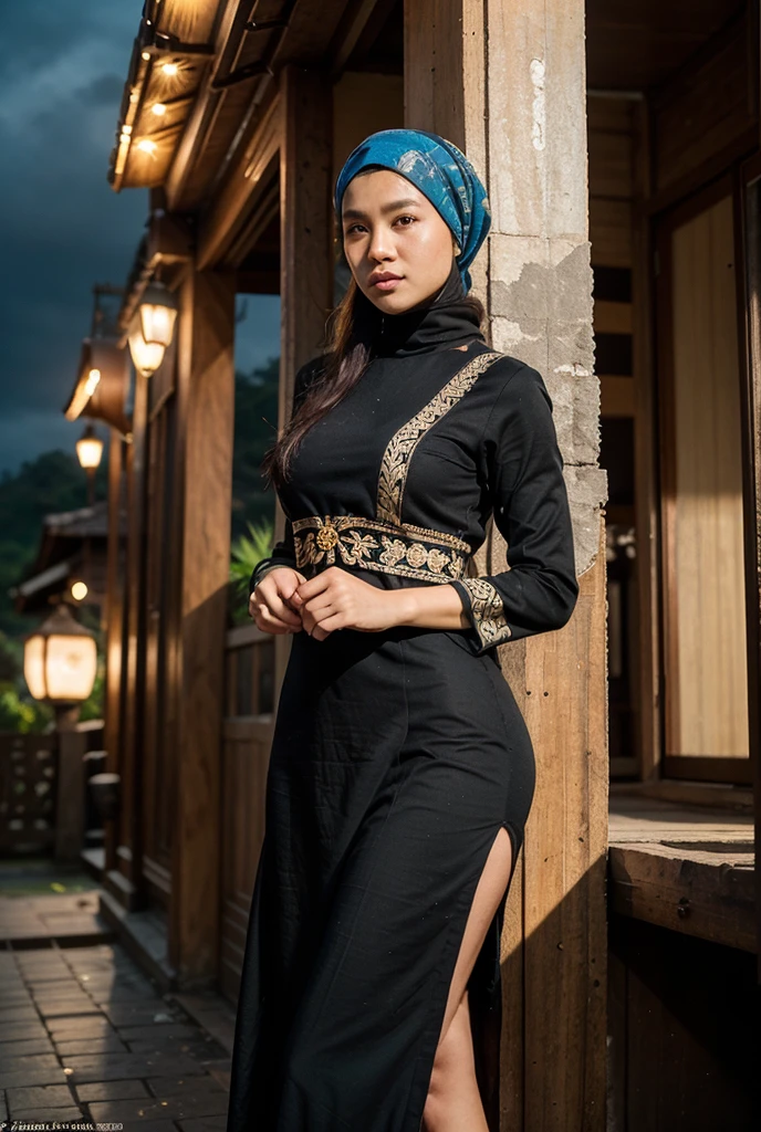 ((masterpiece)), super detailed, highly detailed, 16k, high resolution, ((turkish girl hijab)), ((long hijab, close hijab)), fit body, perfect eyes, pale skin, fair skin, perfect skin, ((outdoor)), at night, ultra-delicate face, delicate eyes, double eyelids, half smile, Realistic, beautiful and delicate photo,heterosexual, braless, standing, ((night time, night sky, low light, darkness, dark night)), cold expression, cold pose, front view, ((Wide-leg linen pants)), at javanese village,muslim clothes