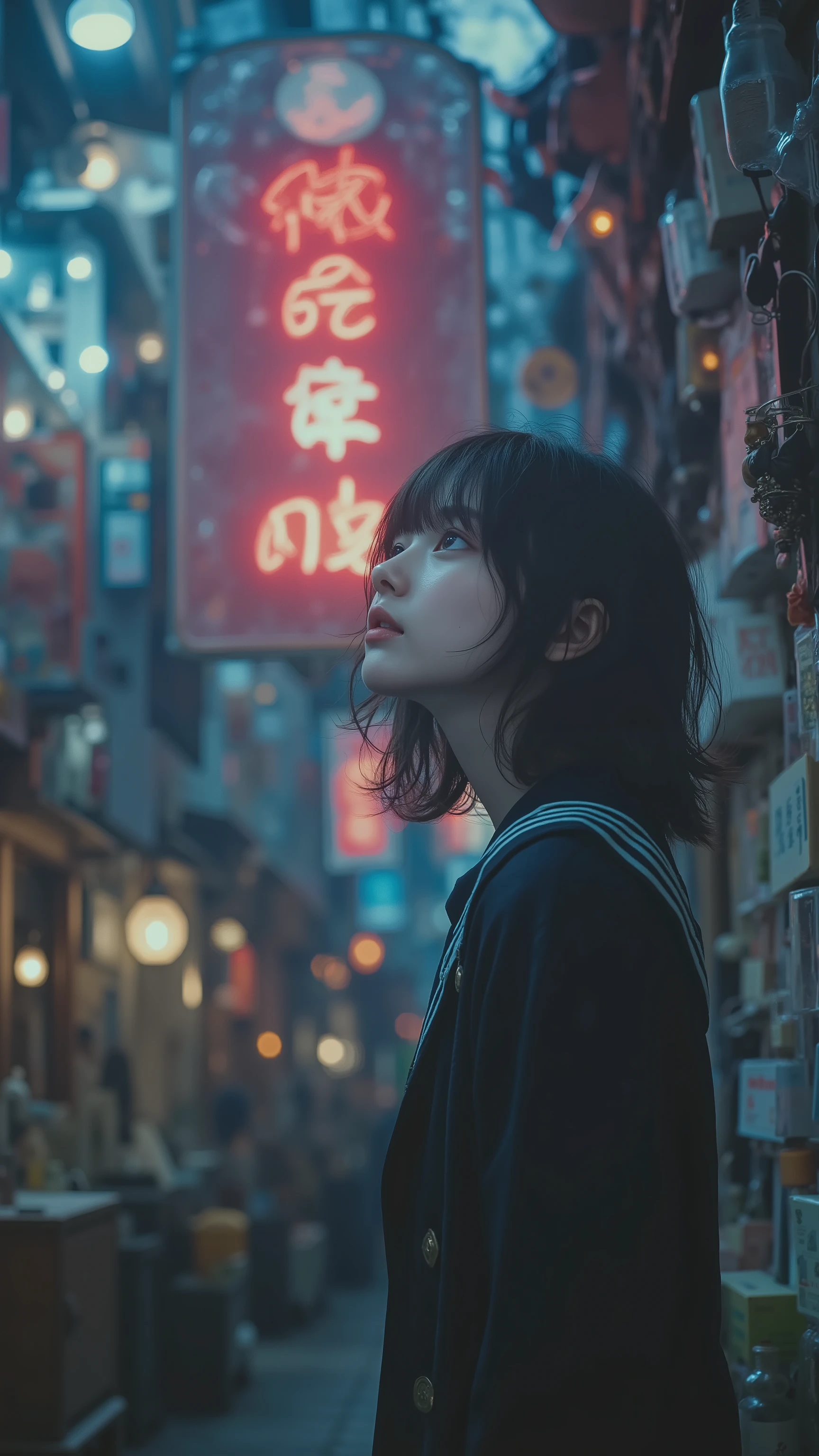 8K、Ultra High Definition、masterpiece、Ultra Precise Photoreal、Cinematic Lighting、HDR、film grain、shallow depth of field。

beautiful Japanese high school girl、and she is sitting facing the front in the back of an antique antique store。
earrings and bracelets drift through the ventilation openings、The light of the pale lamp shimmers。
various antiques are lined up in antique stores。
The school uniform she is wearing is elegant。

Cyan eyes reflect the light and flicker、
that expression is tired and sad、looking up at the night sky through a gap in the。

illuminates the inside of the store in a fantastic way with an antique lamp

Soft, uneven light、Her white skin and the texture of the retro store stand out。

Urban Solitude、Decadent beauty、and quiet rebellion。
high school girl standing under neon lights — easy to break、still beautiful、alive