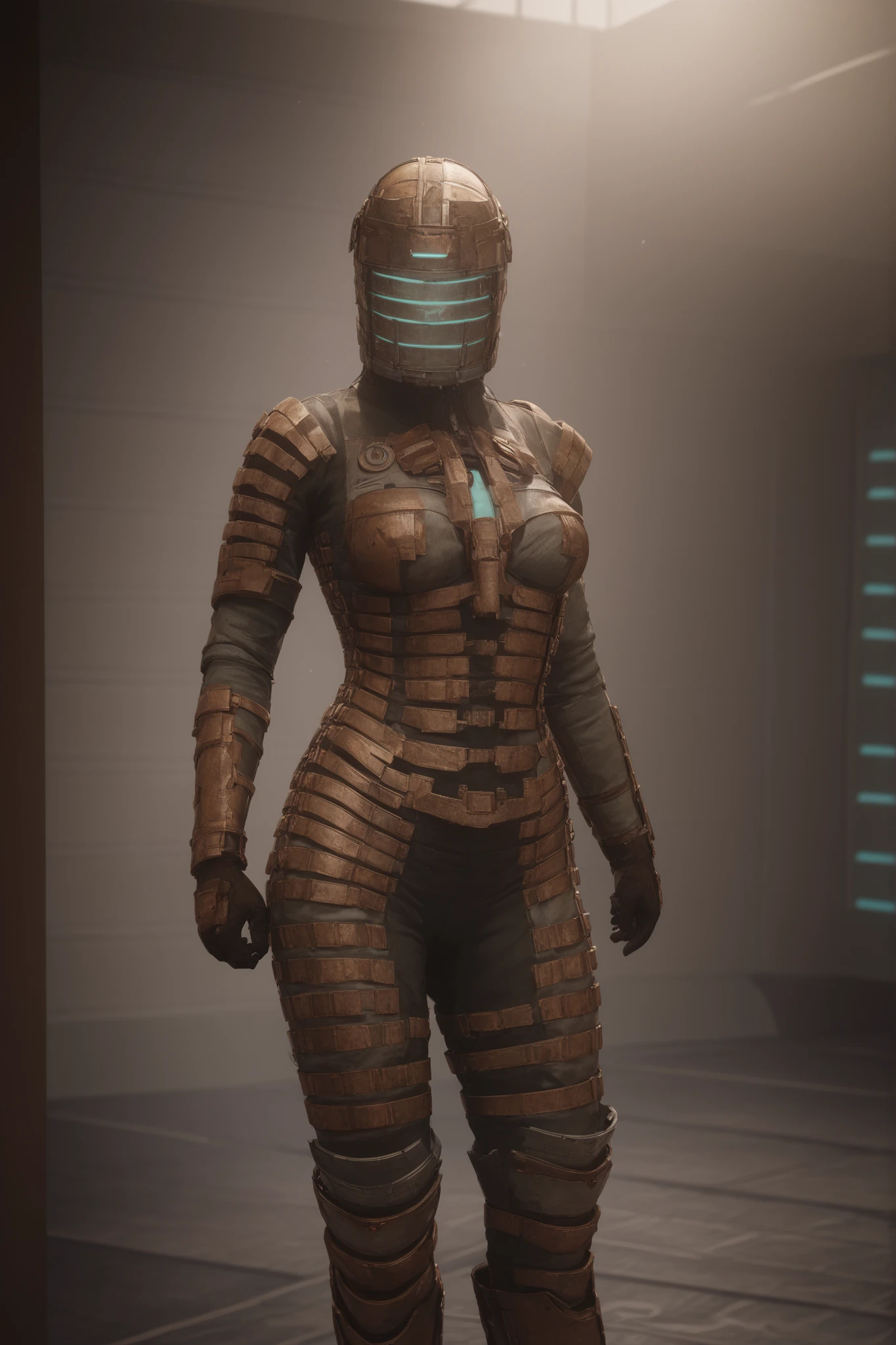 girl, medium breasts, thick hips, spaceship corridor, Science-Fiction, correct anatomy, perfect image, dead space suit
