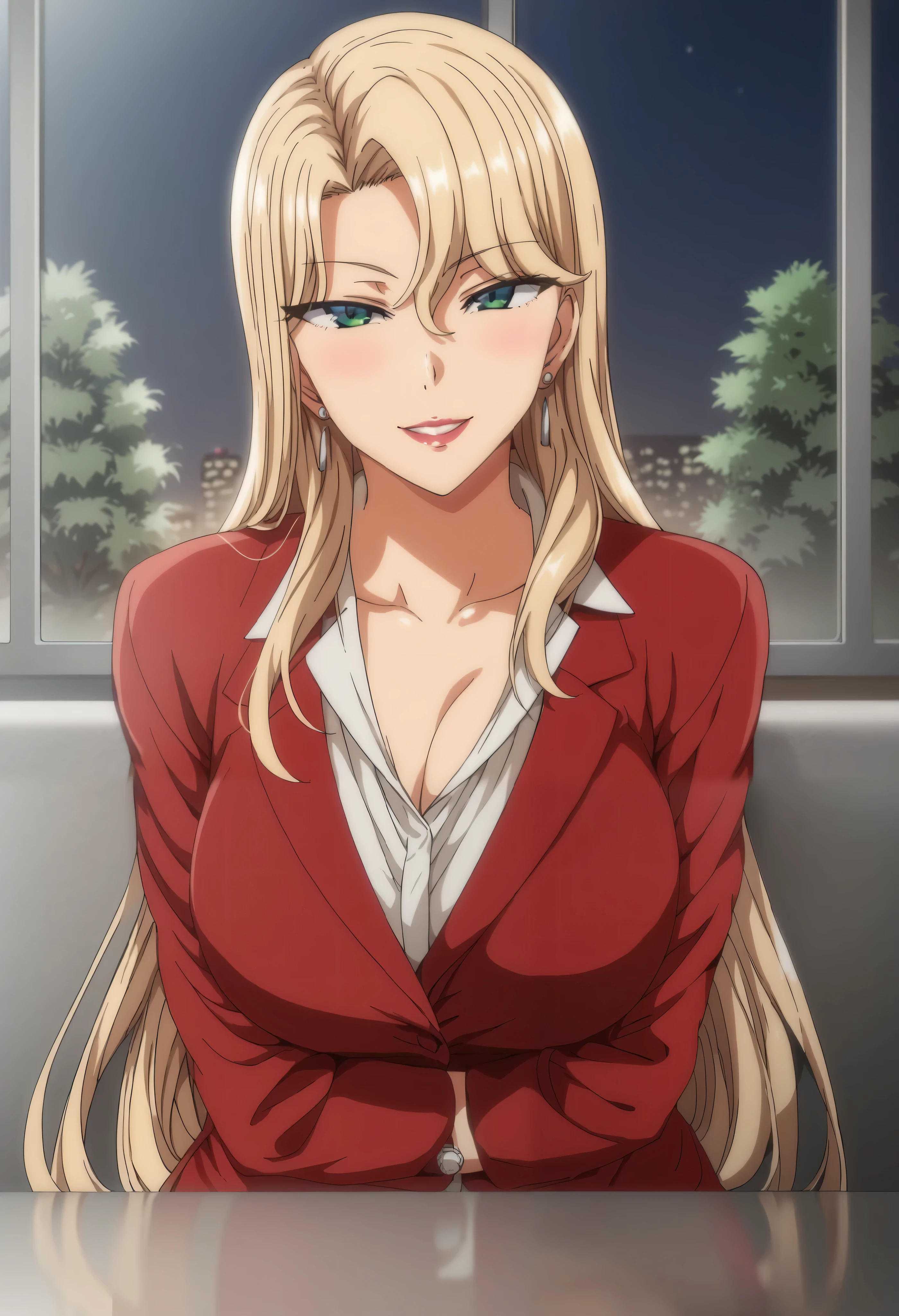 Uncensored_The process, So_Media, higher_quality ,beloved_accuracy, 8k,crisp quality, super details,anime screen cap
,idealized_eye, I want_pattern,
 1 female ,Alone,have large windows,straight ahead, Cowboy Shooting, Watch viewers, sitting on the couch,There is a glass desk,that take a picture of the whole body {x} There is a large amount of money on the desk,outdoor black top,garden,night,. The red suits,窓の外にnight景がみえる, A smile ,. The red suits, shirt ,pocket, 
Kurashiki Reika, blond_poetry,  lipstick , green_eye, huge_President, lengthen_poetry,