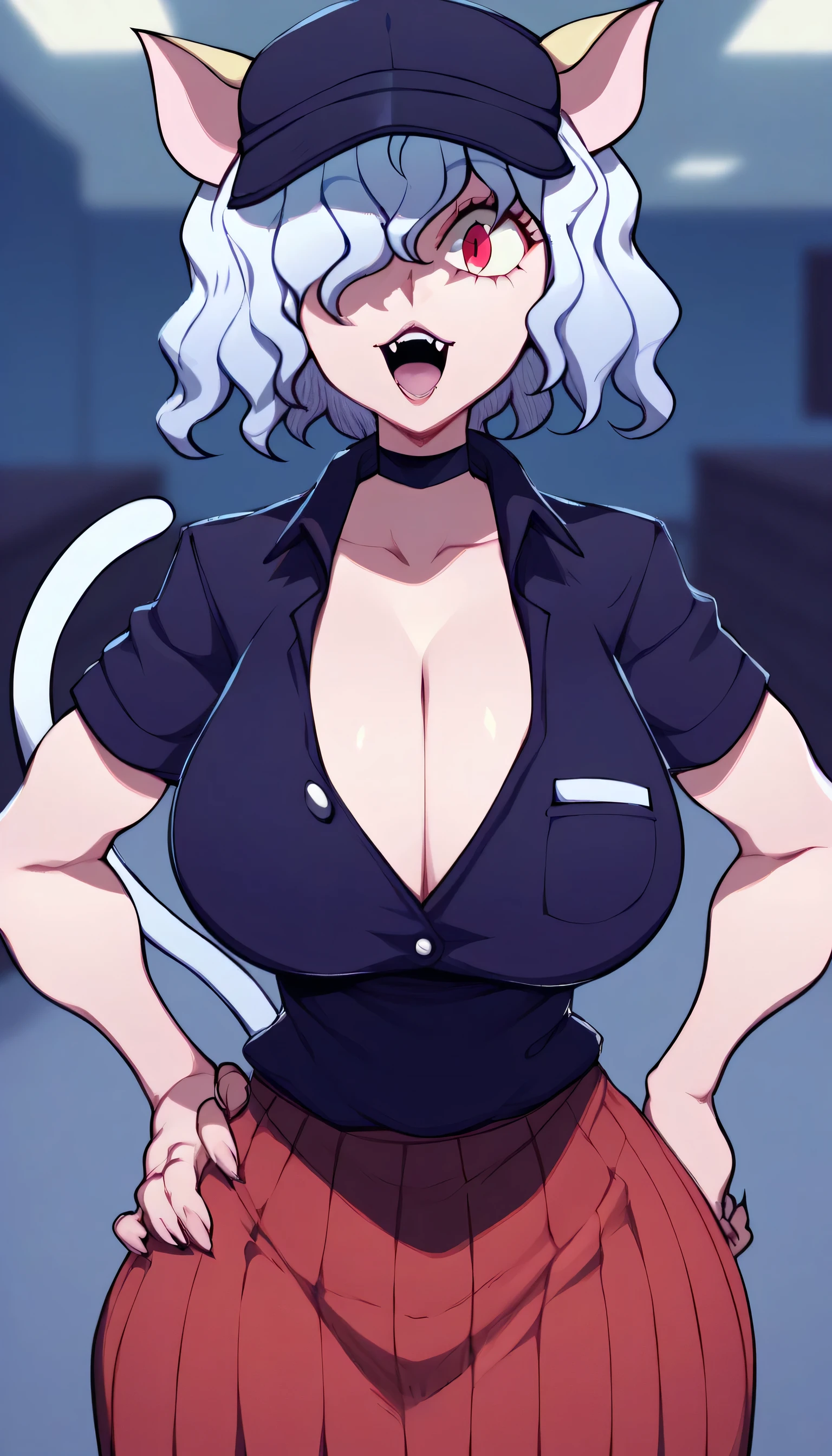 score_9. score_8_up. score_7_up, ,
1girl, breasts, shirt, hat, solo, black shirt, hand on hip, hair over one eye, blurry background, choker,  huge breasts, blurry, open mouth, cleavage, short hair, short sleeves, black headwear, one eye covered, bangs, looking at viewer, black choker, partially unbuttoned, collared shirt, (makeup:1.2), uniform, skirt, bob cut, employee uniform, necktie, large breasts, teeth,
    neferpitou, short hair, red eyes, animal ears, tail, white hair, cat ears, cat tail, curly hair, 