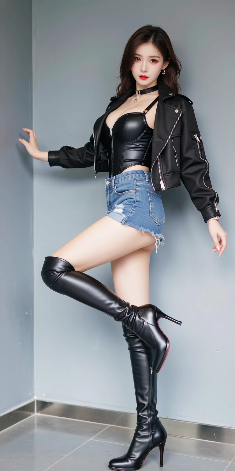 full body shot,fullbody,wide shot,foot focus,this is a high-resolution photograph of a stylish 20-year-old asian girl who is stylish model posing in a studio.Edgy streetwear style,black varsity jacket,white tank top,denim shorts,she wears black thigh-high boots called hihelzflux. those boots are striking,high-heeled thigh-high boots. The boots are made of shiny,patent leather and have a glossy black finish. They are designed with a high,pointed toe and a stiletto heel. The boots are laced up the front with a series of eyelets and silver buckles,adding to their edgy,fetish-inspired aesthetic.The background is simple,and the lighting is even.Realistic photography style,cinematic lighting,soft-focus background,warm and cool tone contrast.,she has a slender physique and a petite build,slightly rebellious vibe,dslr,studio lighting,high quality,light reflections,blood vessels,pale skin,detailed skin,The lighting is natural,casting soft shadows. The composition follows the rule of thirds,with the woman positioned slightly off-center. The overall aesthetic quality is very high,with a shallow depth of field emphasizing the subject.,<lora:ZaraCBBFLUX-000002:0.6>,