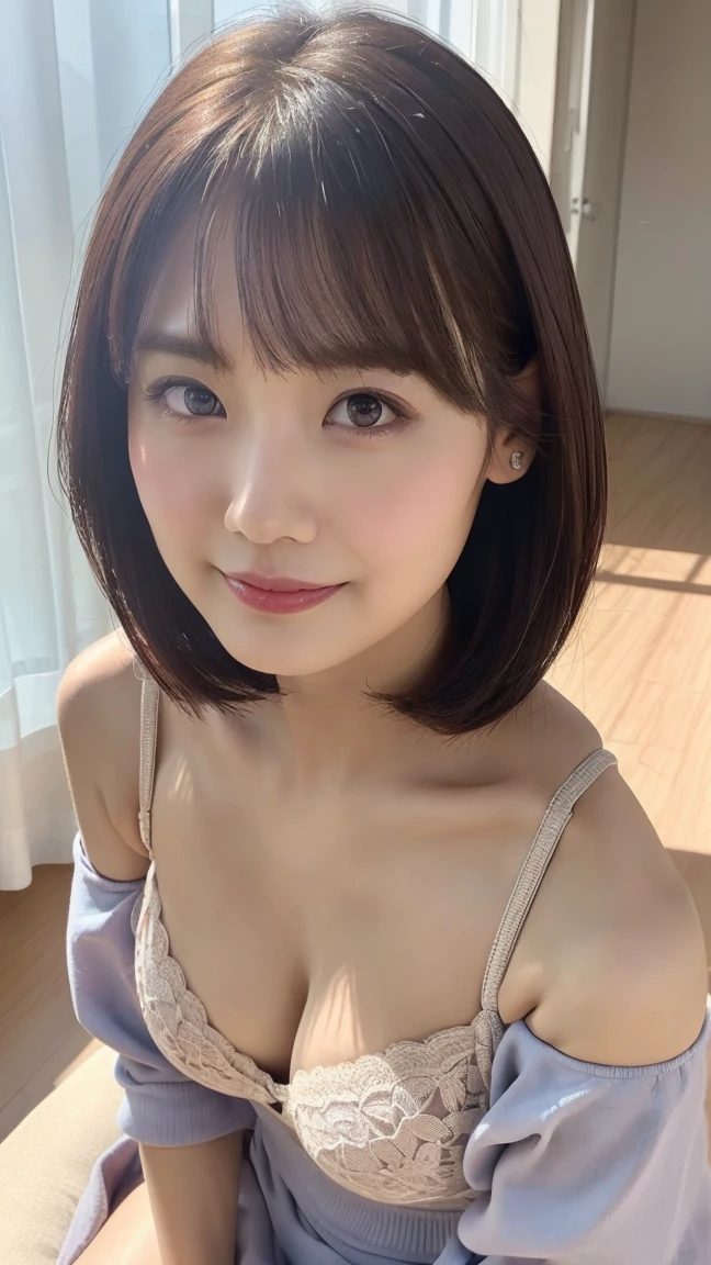 Echiechi, Constricted body, Rumor, adult woman, 30 generations, beautiful detailed eyes, short bob hair, best quality, masterpiece, Layer Bob Hair, Moist eyes, Pixie Cut, Awesome pose, long eyes, brown eyes, brown eyes, smile, smiling, real, glossy lips, Chubby lips, Japanese, natural makeup, Kaede Fua, small ???, slender face, professional lighting, cowboy shot, 8 heads and bodies, Selfie, Menes, baby doll, simple background, beautiful decolletage, from above, 