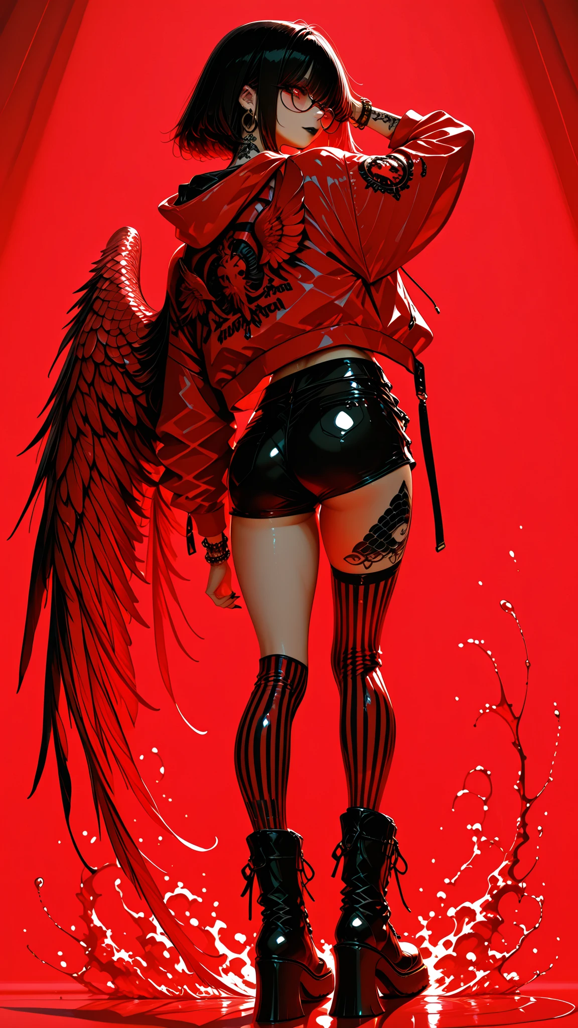 Masterpiece, best quality, amazing quality, latest, very aesthetic, absurd, (scale: 1.4), 8k, good anatomy, good shading, super detailed, exquisite details, high resolution, HD, masterpiece, 4ur4_illu, brilliant, XUER guangying, 748 cm in style, Lhata4564_illu.
(photorealistic: 1,2), (illustration:1,3), high resolution, clear focus, soft lighting, adult girl, red eyes, wings, black hair, parted lips, ear piercing, wings with feathers, hand behind head, eyelashes, flowing hair, hand in hair, hood, hoodie, glasses, long sleeves, bracelet, striped stockings, hoop earrings,red glasses with black frames, round glasses, cross-laced shoes, lace-up boots, short shorts, ring, high-heeled boots, bracelet, standing with back, back view, hand in pocket, punk, solo, revealing clothes, piercing, deep red background, dot color, monochrome, red theme, bottom, dutch perspective, limited palette, lettering on clothes, tattoo, jewelry, neck tattoo, black shoes, arm tattoo, leg tattoo, raised arm, flower tattoo,black shorts, skin, closed mouth, black lips, black nails, (medium color), tesun (pus)
