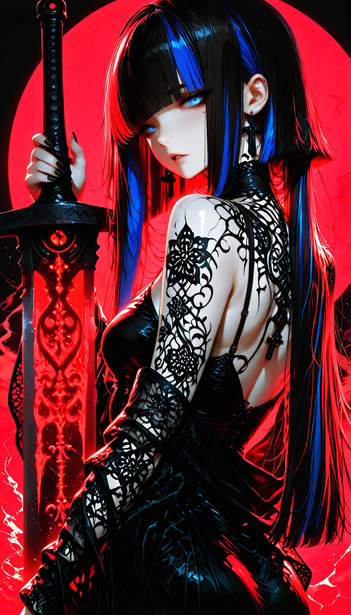 lazypos, refined detailed, high quality, highres, cinematic lighting, absurdres, 8k, detailed, highest definition, (masterpiece, best quality, ultra-detailed, sharp focus, cinematic lighting, anime coloring:1.5, lineart focus), (black and white illustration), (black background), (monochrome ink style), (manga style), (high contrast shadows), (red background), (flat color, limited palette), silhouette style, dramatic contrast, 1girl, solo, very long black hair with inner blue highlights at ends, (deep_blue_highlights_at_ends:1.3), princess cut, straight blunt bangs, hair volume high, light blue eyes, parted lips, cold expression, pale fair skin, mole under right eye, wearing black silk dress, black sheer shawl, full floral sleeve tattoos visible through shawl, shoulder tattoo, neck tattoo, black nail polish:1.2, holding a massive greatsword in one hand, sword design matches red-black theme, dramatic silhouette, weapon glows faintly in red outline, pose: confident stance, back slightly turned, looking over shoulder, looking at viewer, hair and shawl flow with movement, digital art, surreal, dynamic composition, Y0ney4m4_illu, 2025A3STH, artist:moriimee