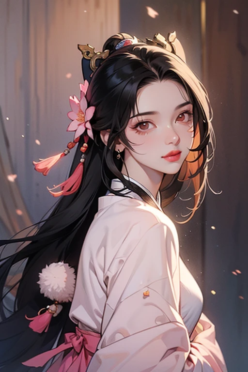 Seven Rhaeyar (Deylta), Ancient Star goddess, Perfect female  (Royalty, Adult Female, 166cm in height, Cool pale skin, slim, slender, 34D breast size, Long Jet Black Hair, Gray Colored Iris , a set of Jet black colored horns on her head), Neutral  expression, Elegant black uniform dress, female choker accessory with silver complimentary jewelry, dragon motifs, Black rope accessories, Simple Black Background, receiving light from the front, Slightly focusing on her face up close, Ethereal glow, Red Rose petals falling, Japanese inspired