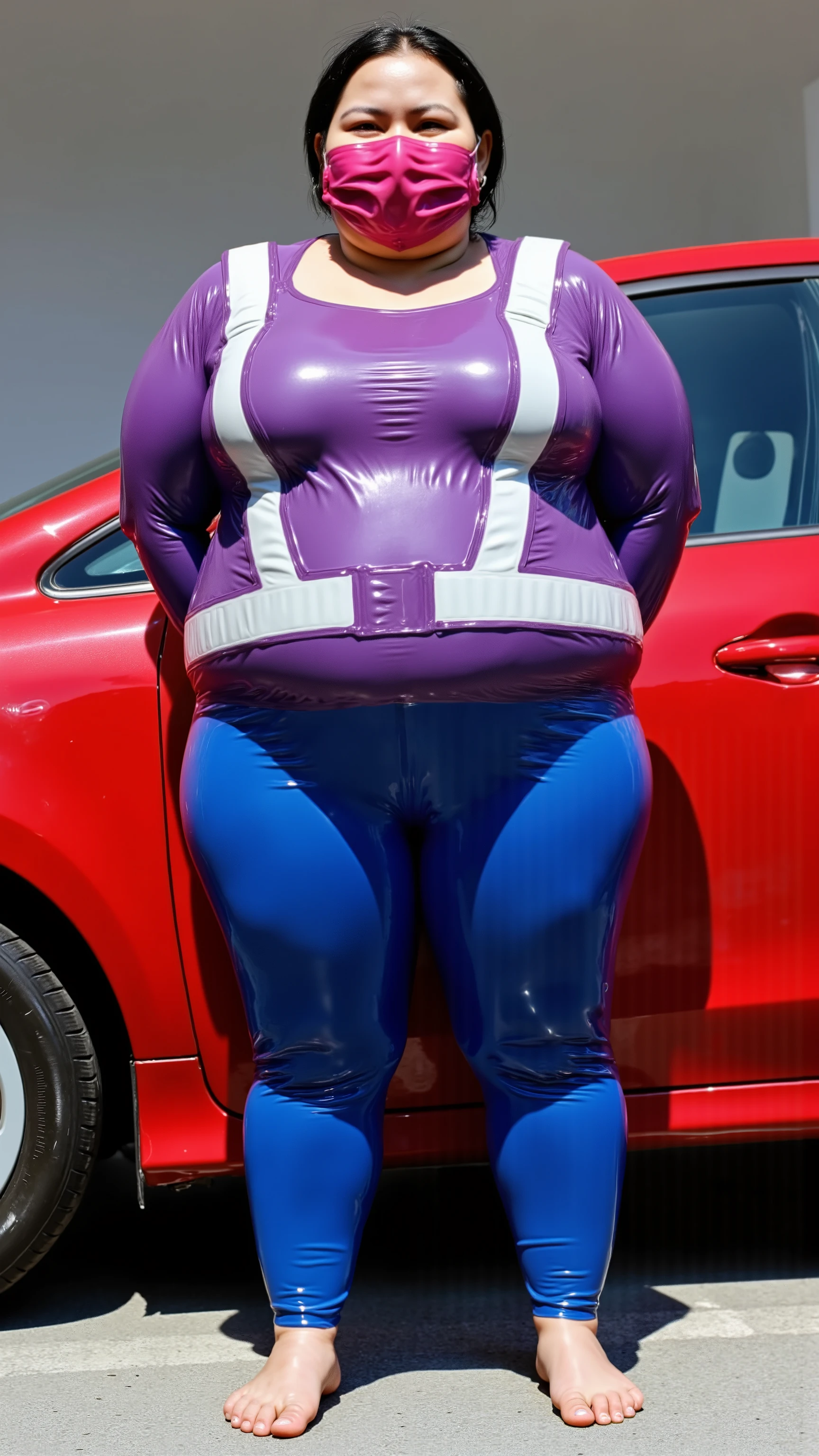 3D photograph, 8K rendering, dynamic creativity, there is a 40 year old woman weighing 500 pounds, extremely obese, giant arms, giant legs, giant belly, massive breasts, wearing a purple latex shirt with long sleeves that is very tight fitting and has soft blue glued seams, the woman wears blue shiny polished latex pants, the woman wears a red Asian patrol vest with high visibility stripes that are white, the vest has translucent pockets showing the woman’s chest underneath, 50% translucency plastic, the woman stands at the side of a red Toyota Prius, the woman wears a shining pink rubber face mask
